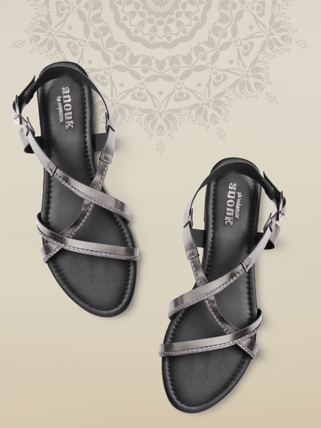 

Anouk Women Gunmetal-Toned Braided Open Toe Flats, Metallic