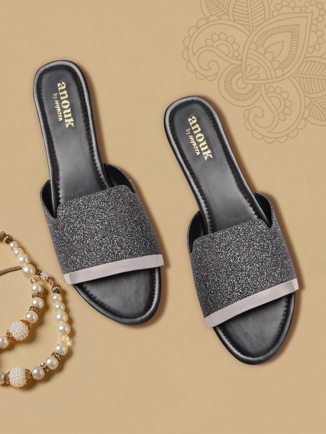

Anouk Women Gunmetal-Toned Shimmer Open Toe Flats, Metallic