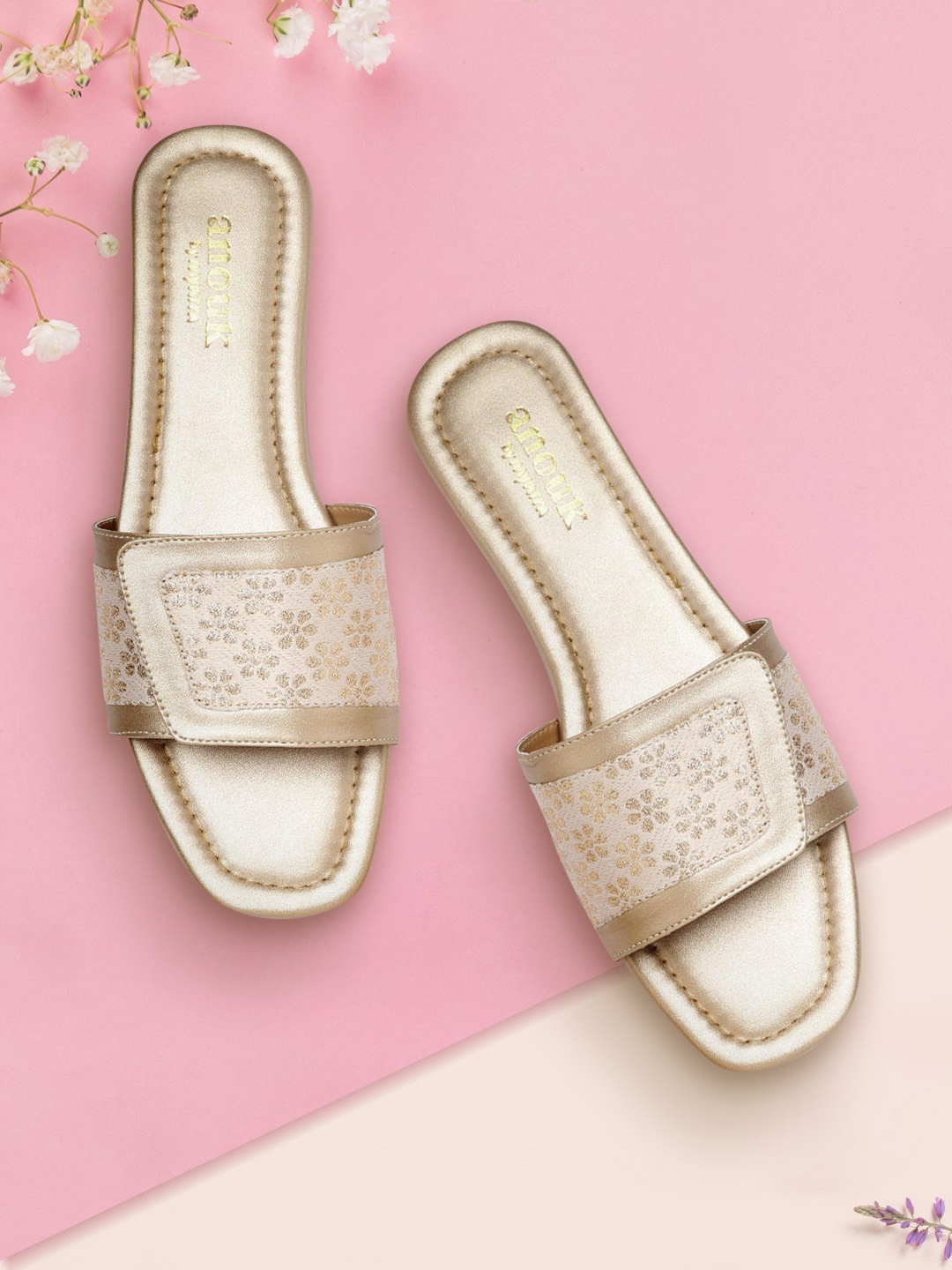 

Anouk Women Off White & Gold-Toned Floral Woven Design Open Toe Flats
