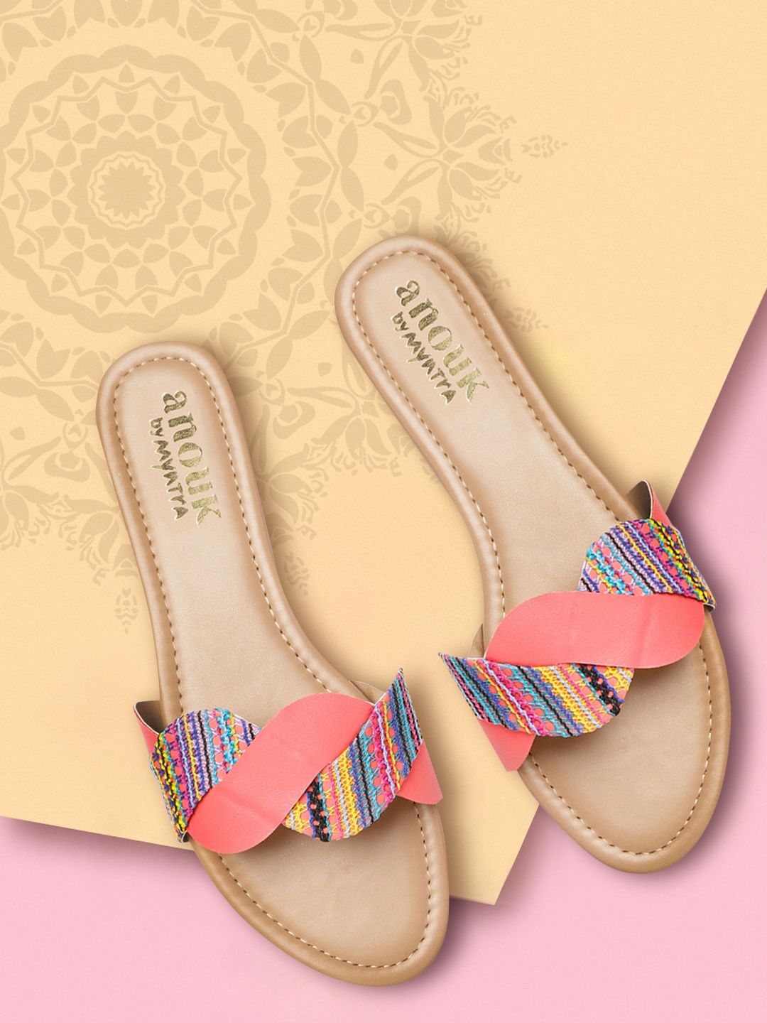 

Anouk Women Pink & Blue Woven Design Open Toe Flats with Twisted Detail