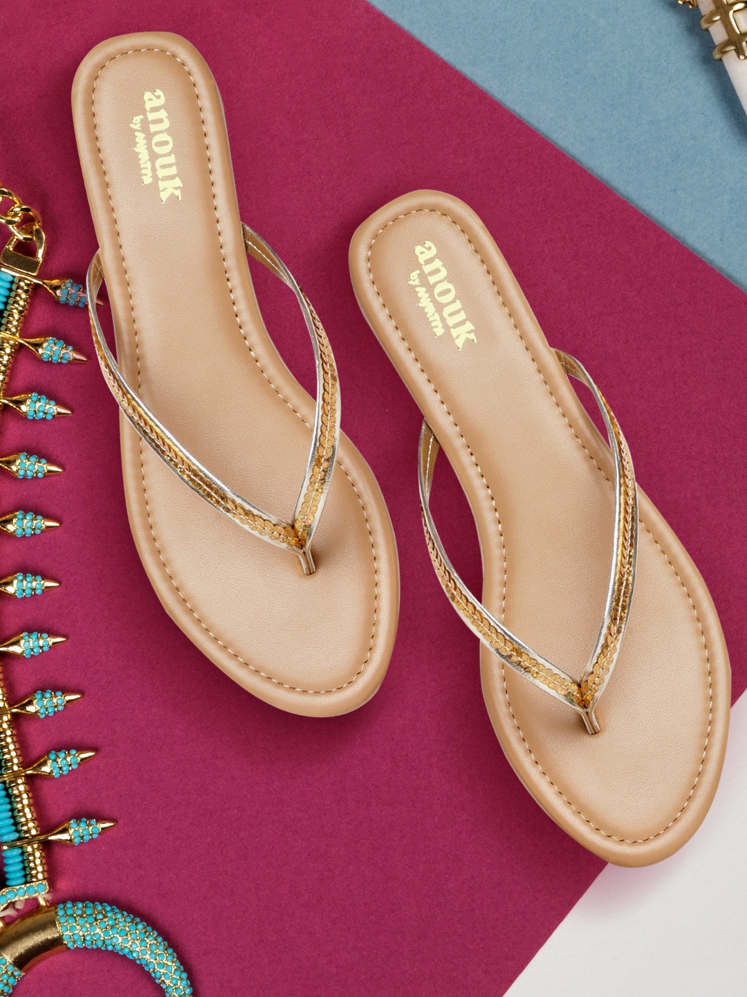 

Anouk Women Gold-Toned Sequined Open Toe Flats