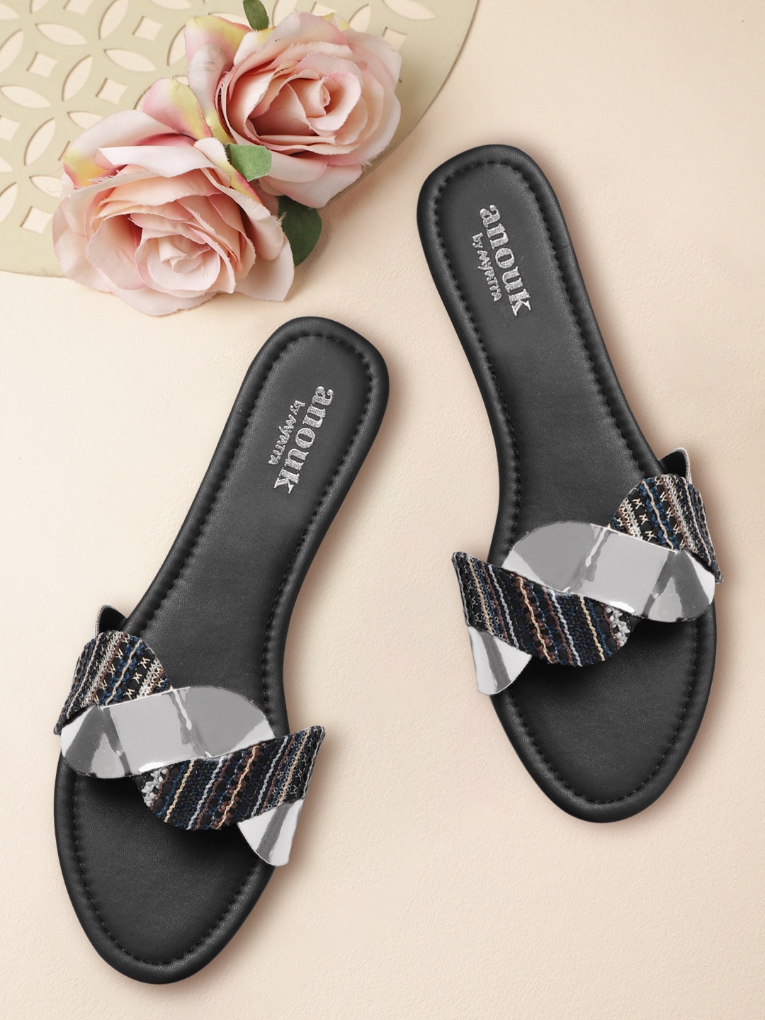 

Anouk Women Black & Gunmetal-Toned Woven Design Open Toe Flats