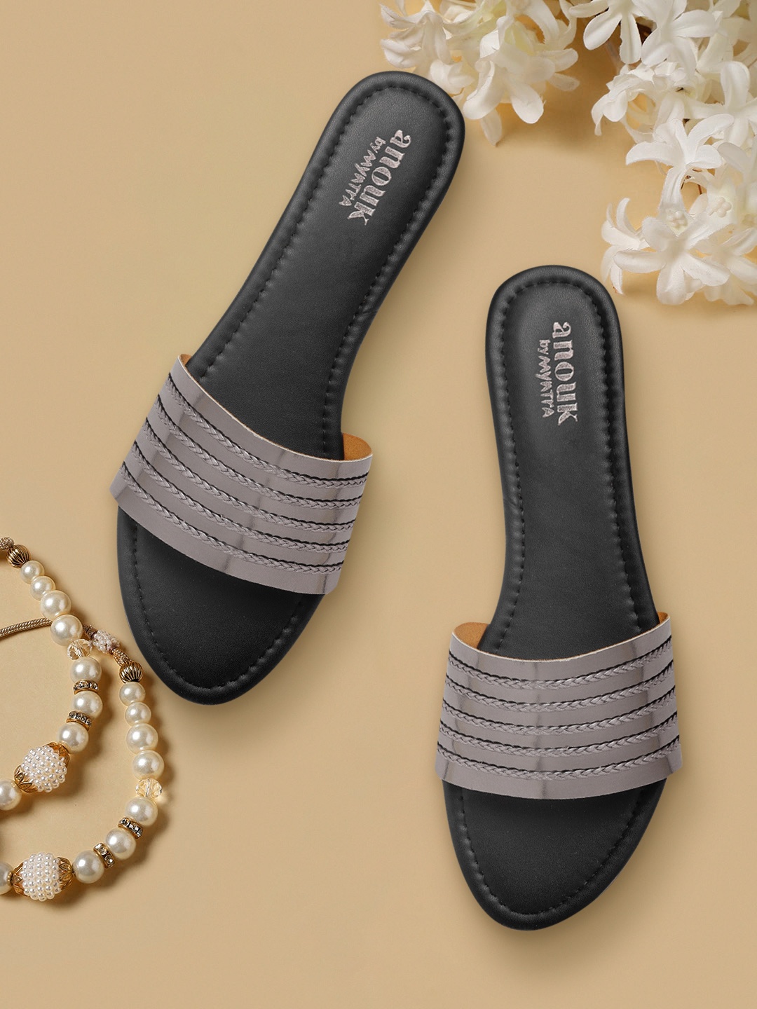 

Anouk Women Gunmetal-Toned Striped Open Toe Flats with Braided Detail, Metallic