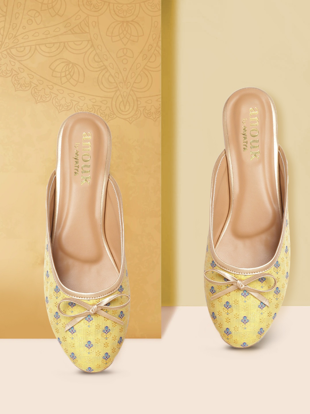 

Anouk Women Yellow & Blue Ethnic Print Mules with Bow Detail