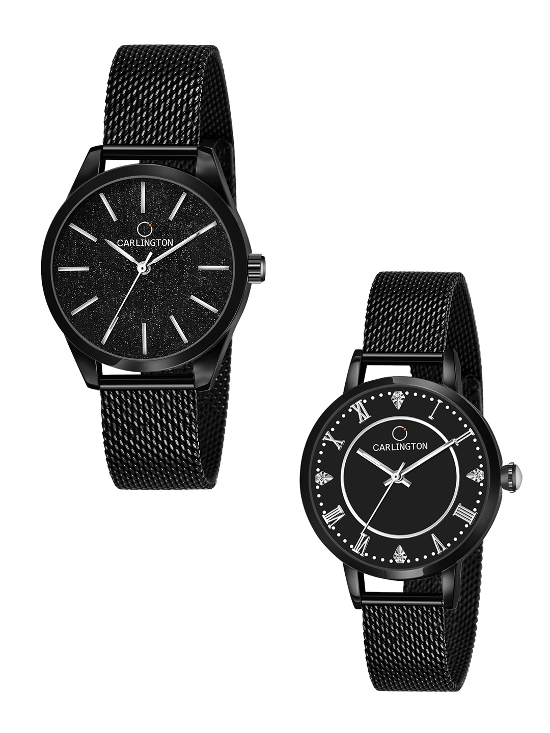 

CARLINGTON Women Set of 2 Stainless Steel Bracelet Style Straps Analogue Watch, Black