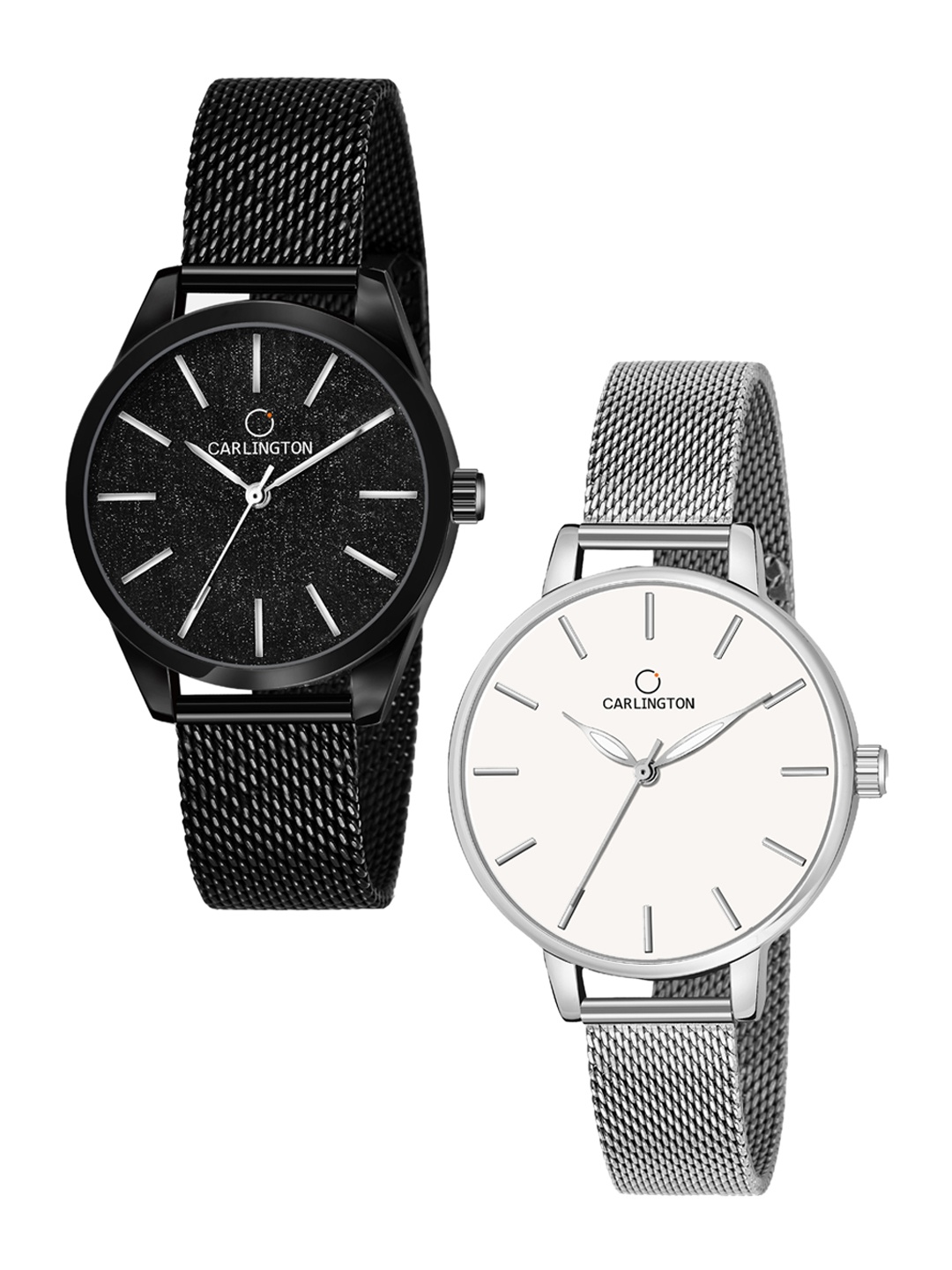 

CARLINGTON Unisex Pack Of 2 Multicoloured Analogue Watch CT2001 Black-CT2014 Silver, Multi