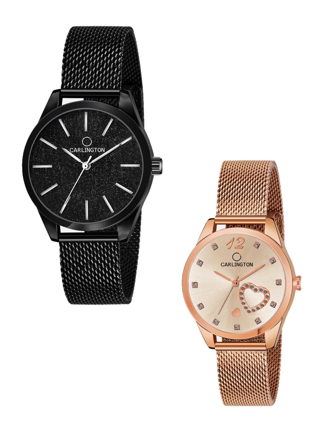 

CARLINGTON Women Pack Of 2 Bracelet Style Straps Analogue Watch, Black