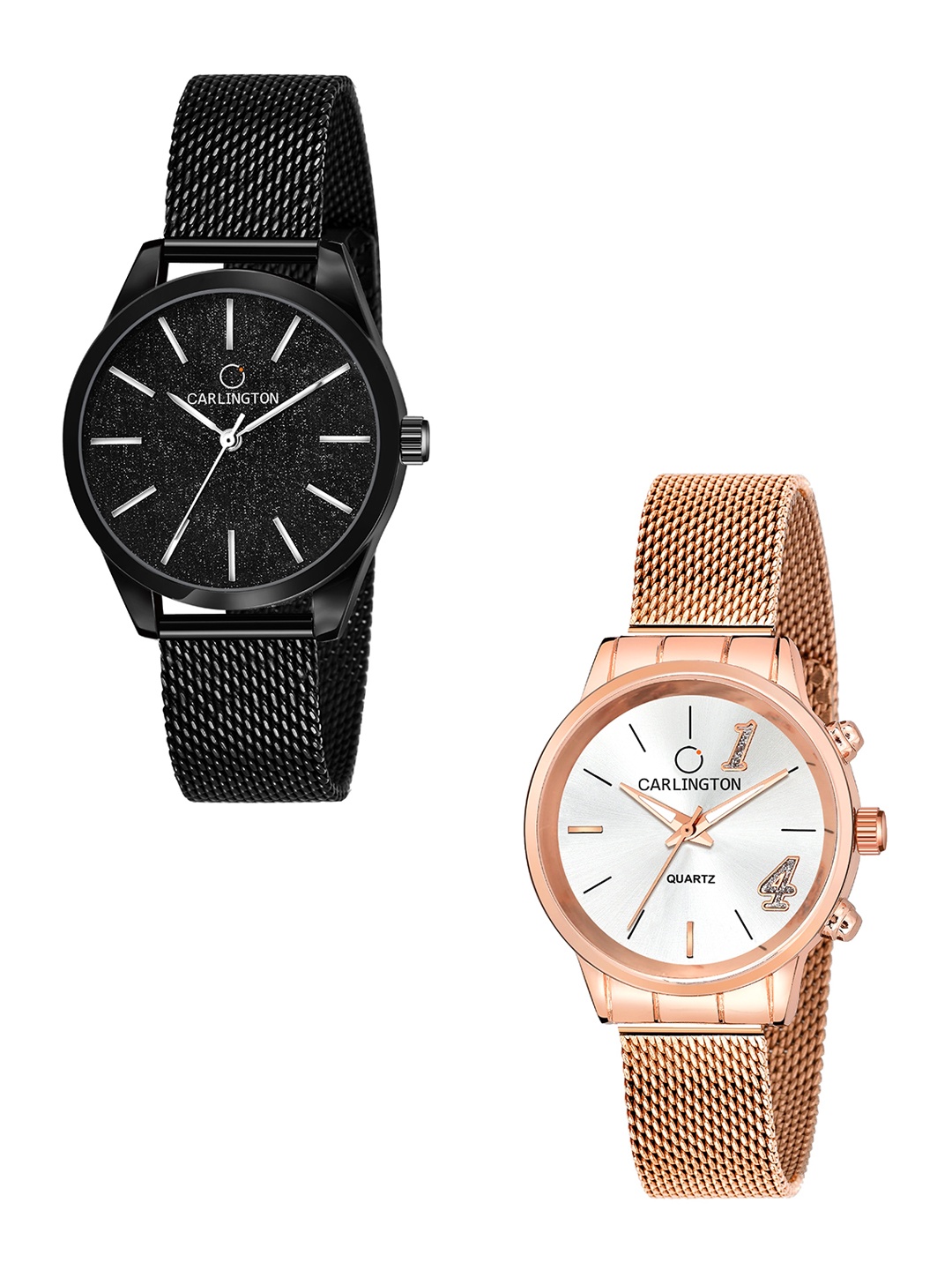 

CARLINGTON Women Set of 2 Black & Rose-Gold Toned Analogue Watches CT2001 CT2012