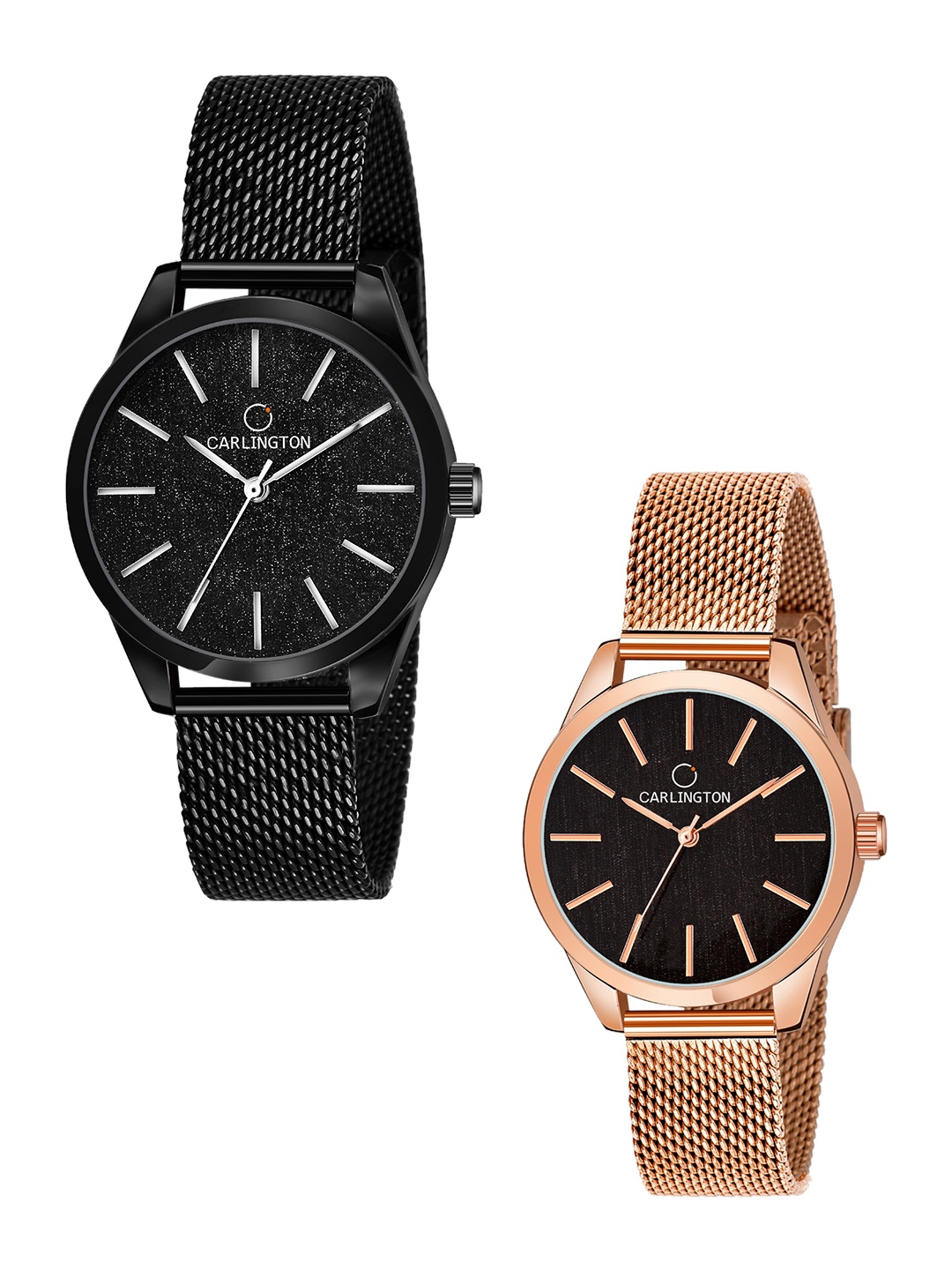 

CARLINGTON Women Pack Of 2 Bracelet Style Straps Analogue Watch, Black