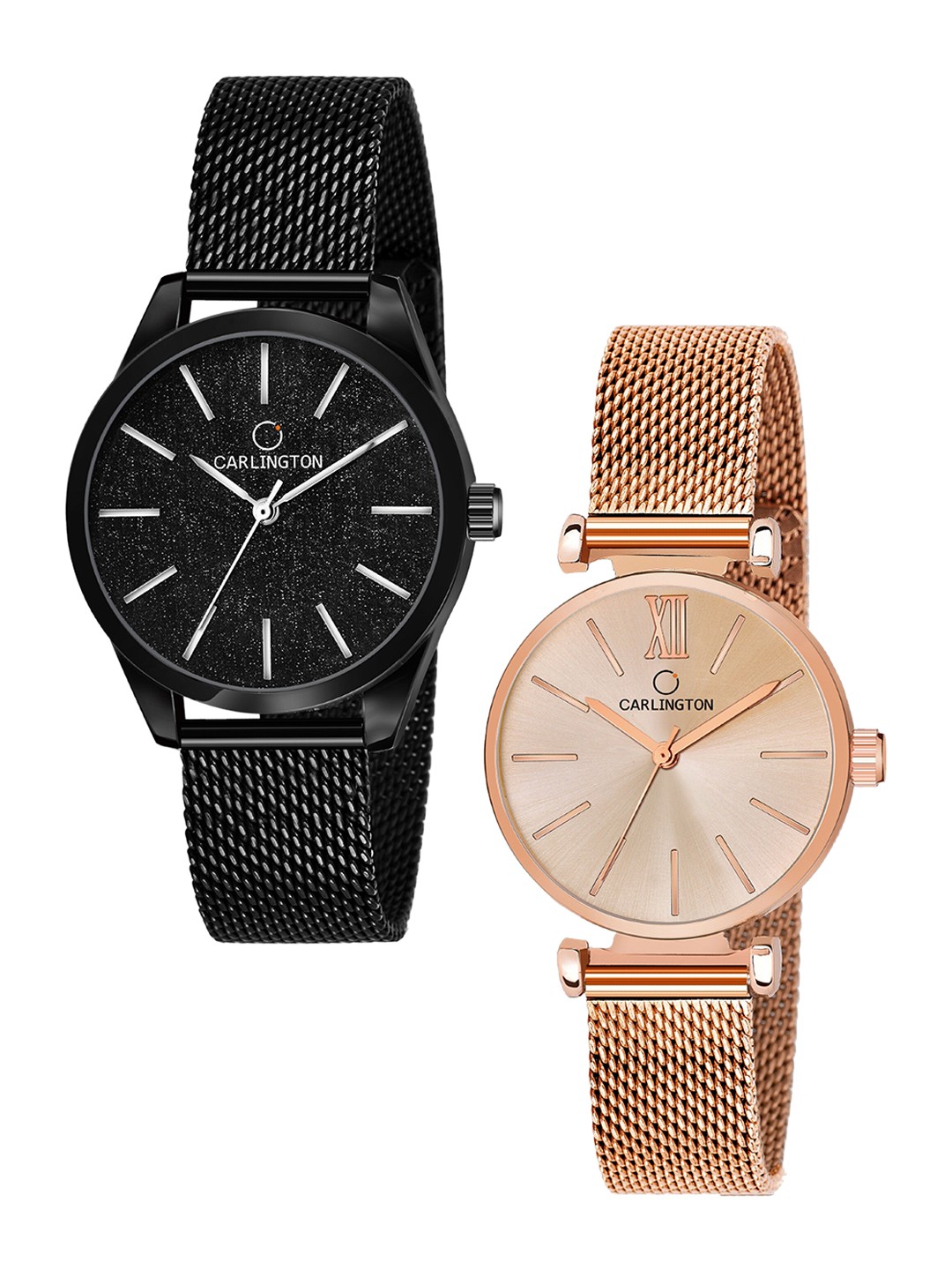 

CARLINGTON Set-2 Women Bracelet Style Straps Analogue Watch CT2001 Black-CT2016 RoseGold, Multi