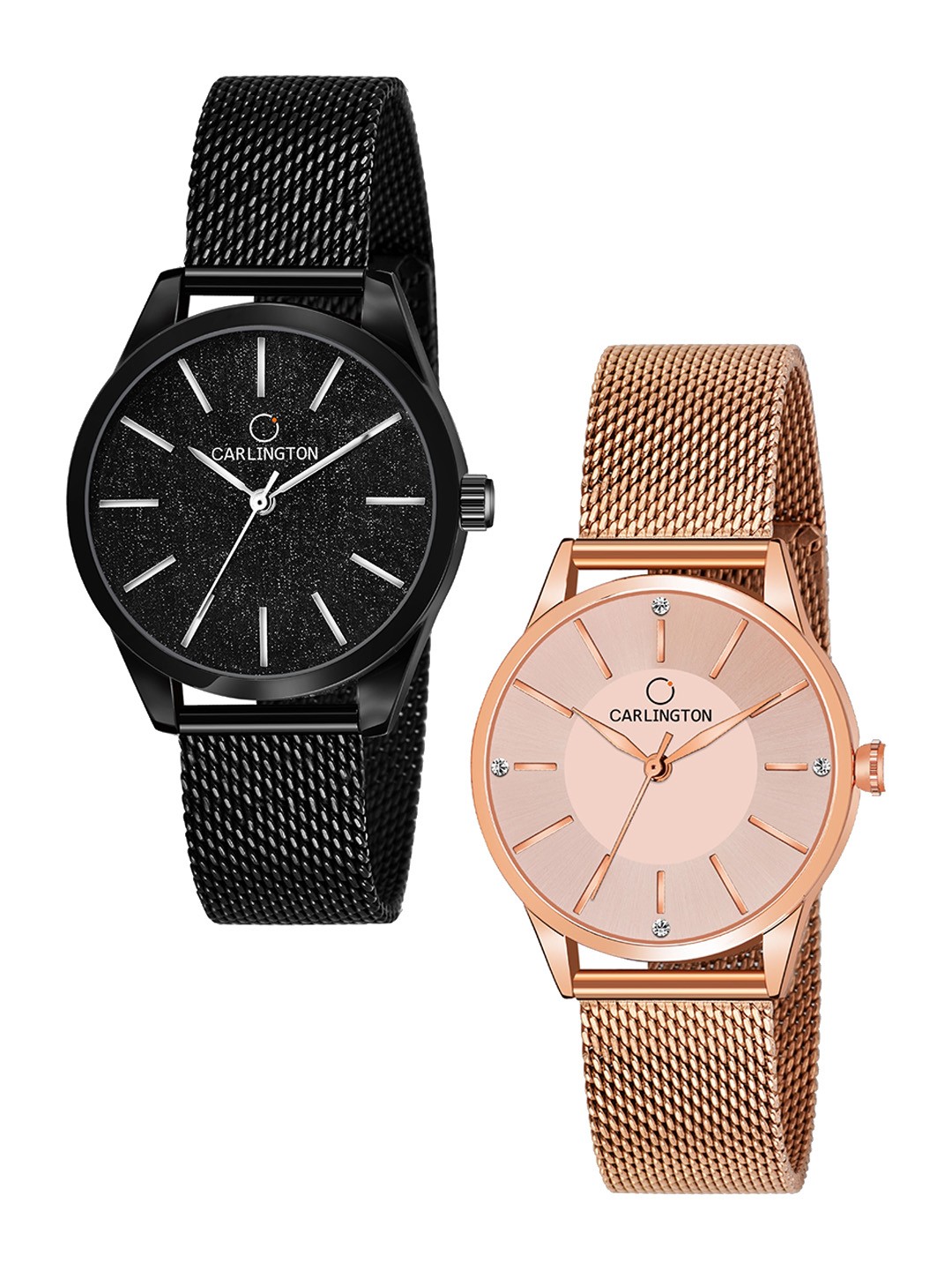 

CARLINGTON Women Set Of 2 Multicoloured Dial & Stainless Steel Bracelet Straps Analogue Watch CT2001 Black-CT2004 RoseGold, Multi