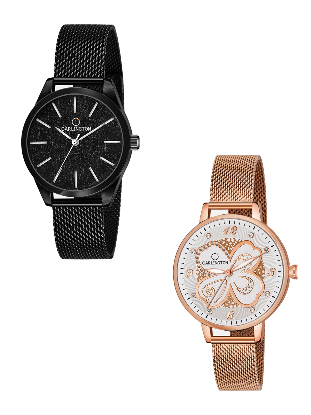 

CARLINGTON Women Black & Rose Gold Set Of 2 Stainless Steel Bracelet Style Analogue Watch