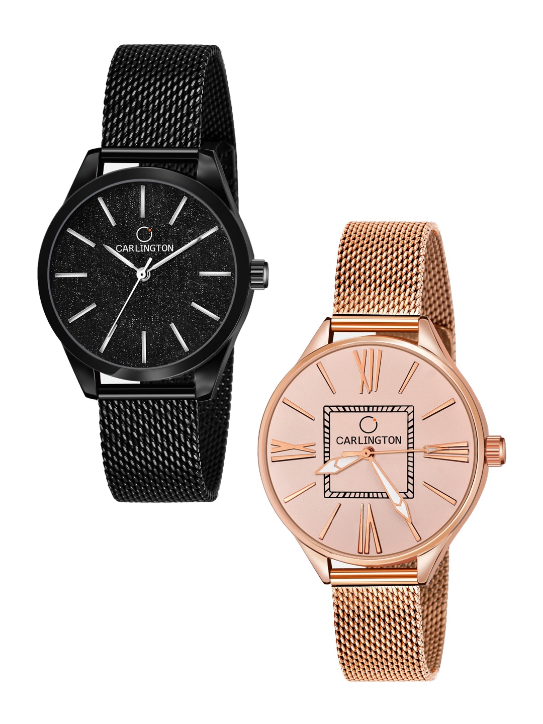 

CARLINGTON Women Set of 2 Analogue Watch - CT2001 Black-CT2015 RoseGold, Multi