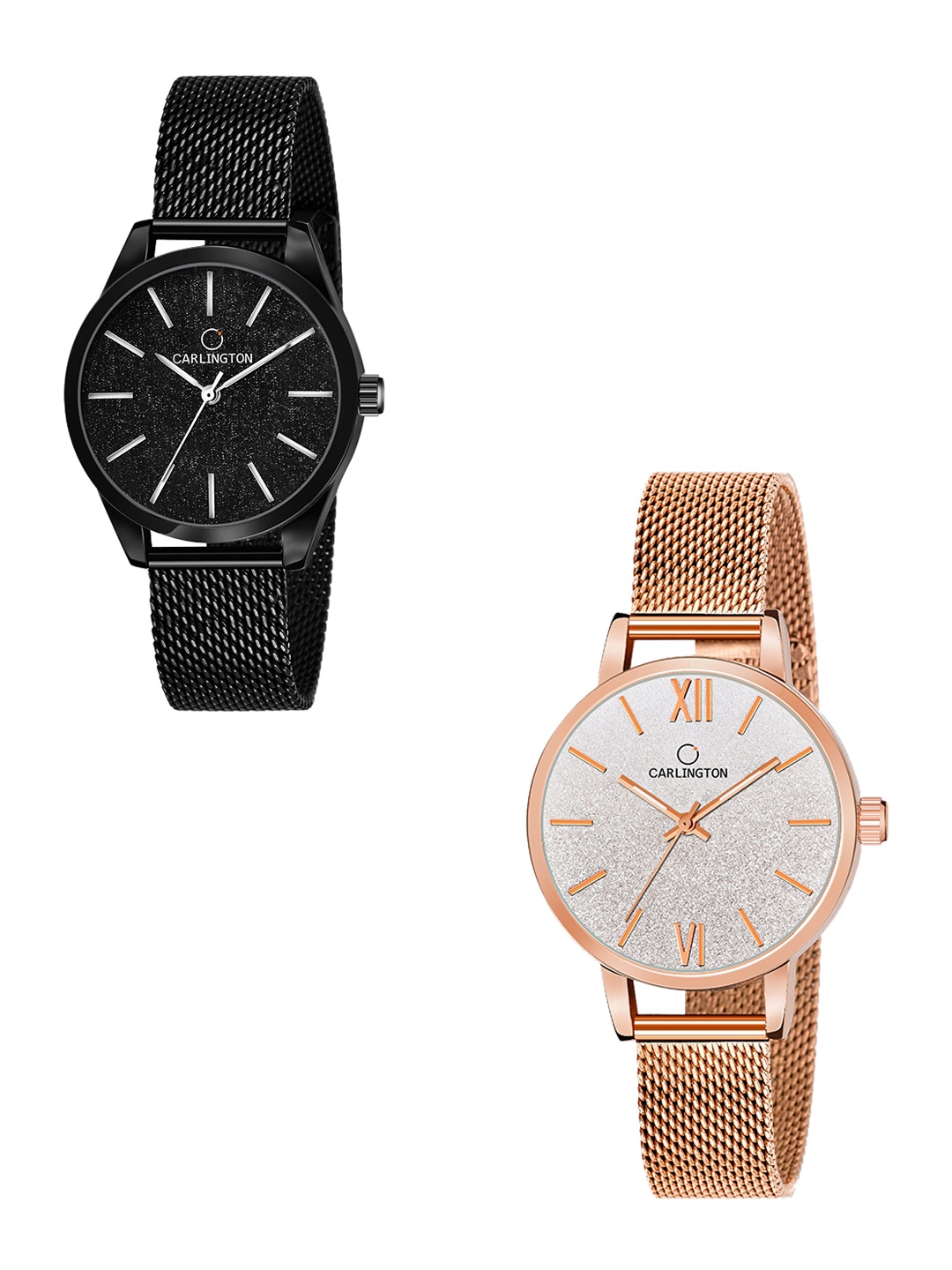 

CARLINGTON Women Set of 2 Black & Rose Gold-Toned Analogue Watches CT2001 CT2018