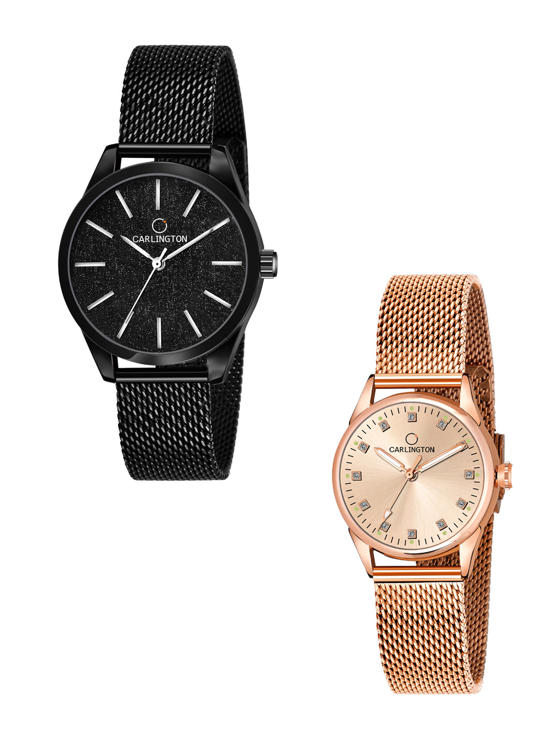 

CARLINGTON Women Pack Of 2 Bracelet Style Straps Analogue Watch, Black