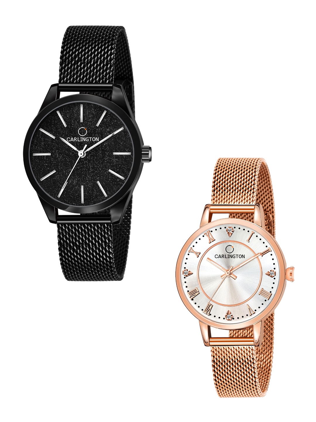 

CARLINGTON Women Set Of 2 Black & Silver-Toned Analogue Watch CT2001 CT2013
