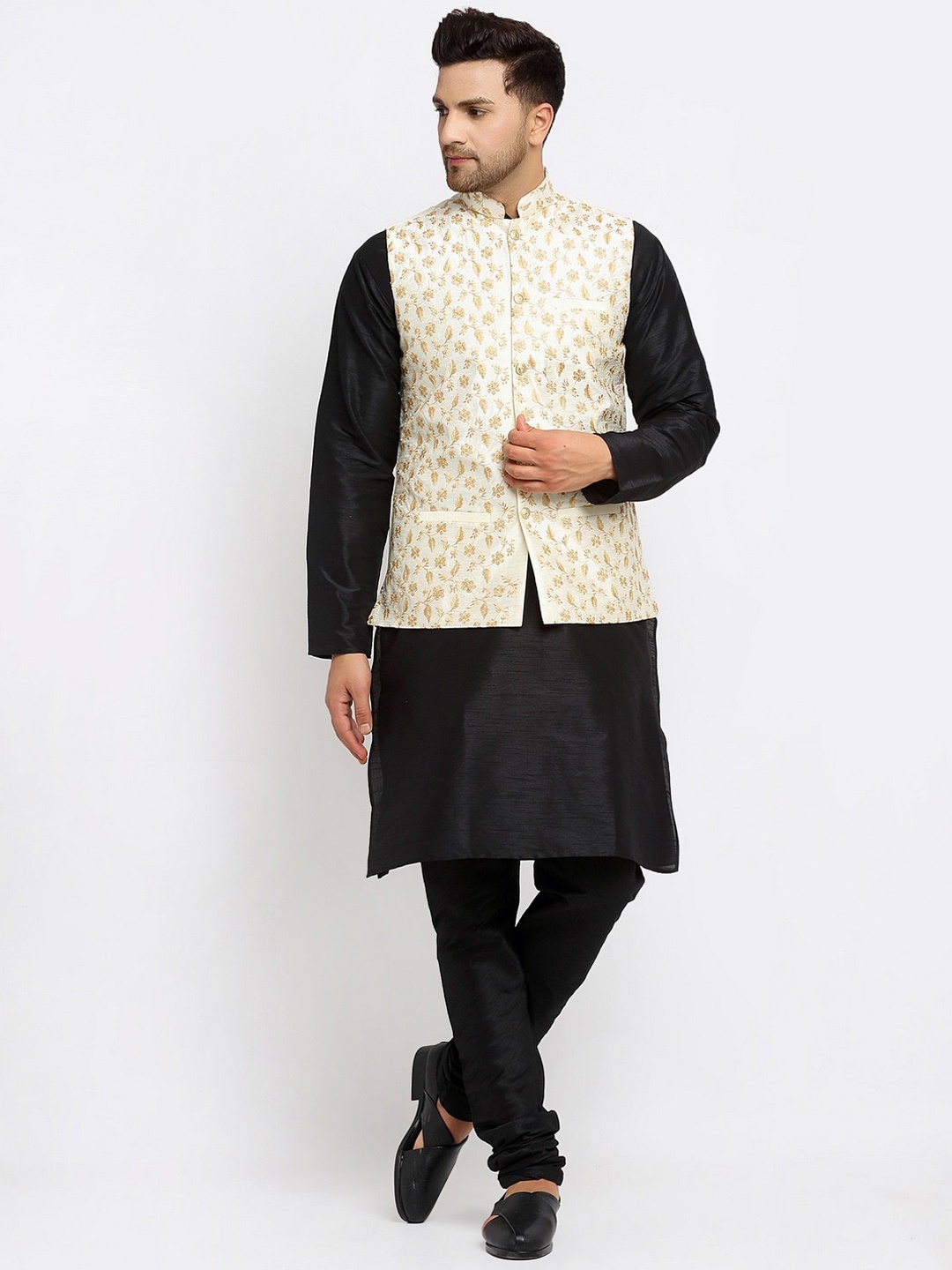 

KRAFT INDIA Dupion Silk Kurta With Churidar & Nehru Jacket, Black