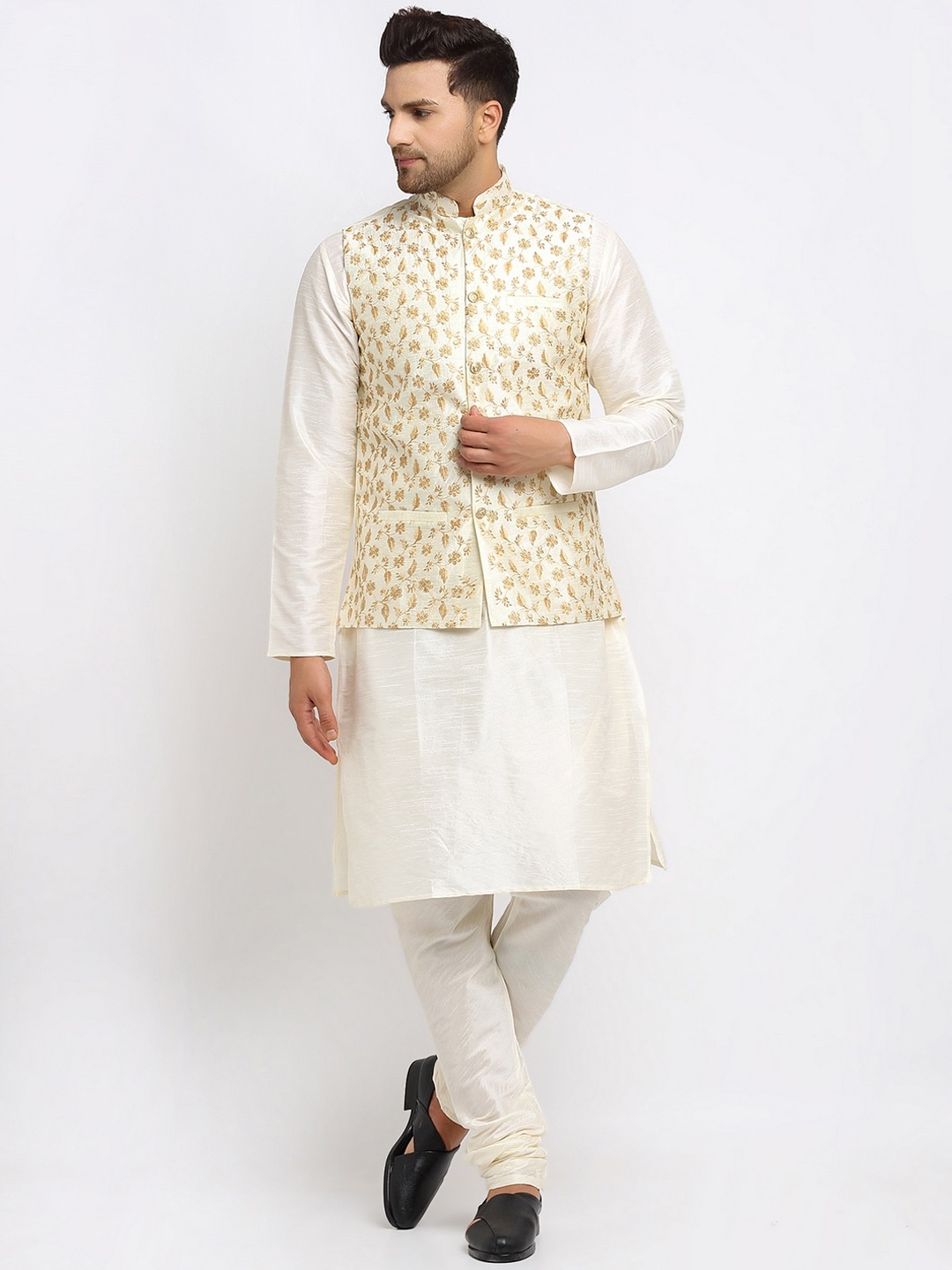 

KRAFT INDIA Dupion Silk Kurta With Churidar & Nehru Jacket, Cream