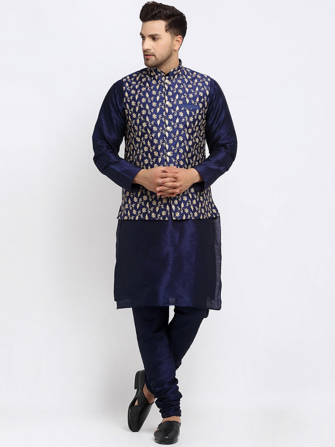 

KRAFT INDIA Dupion Silk Kurta with Churidar & Printed Nehru Jacket, Navy blue