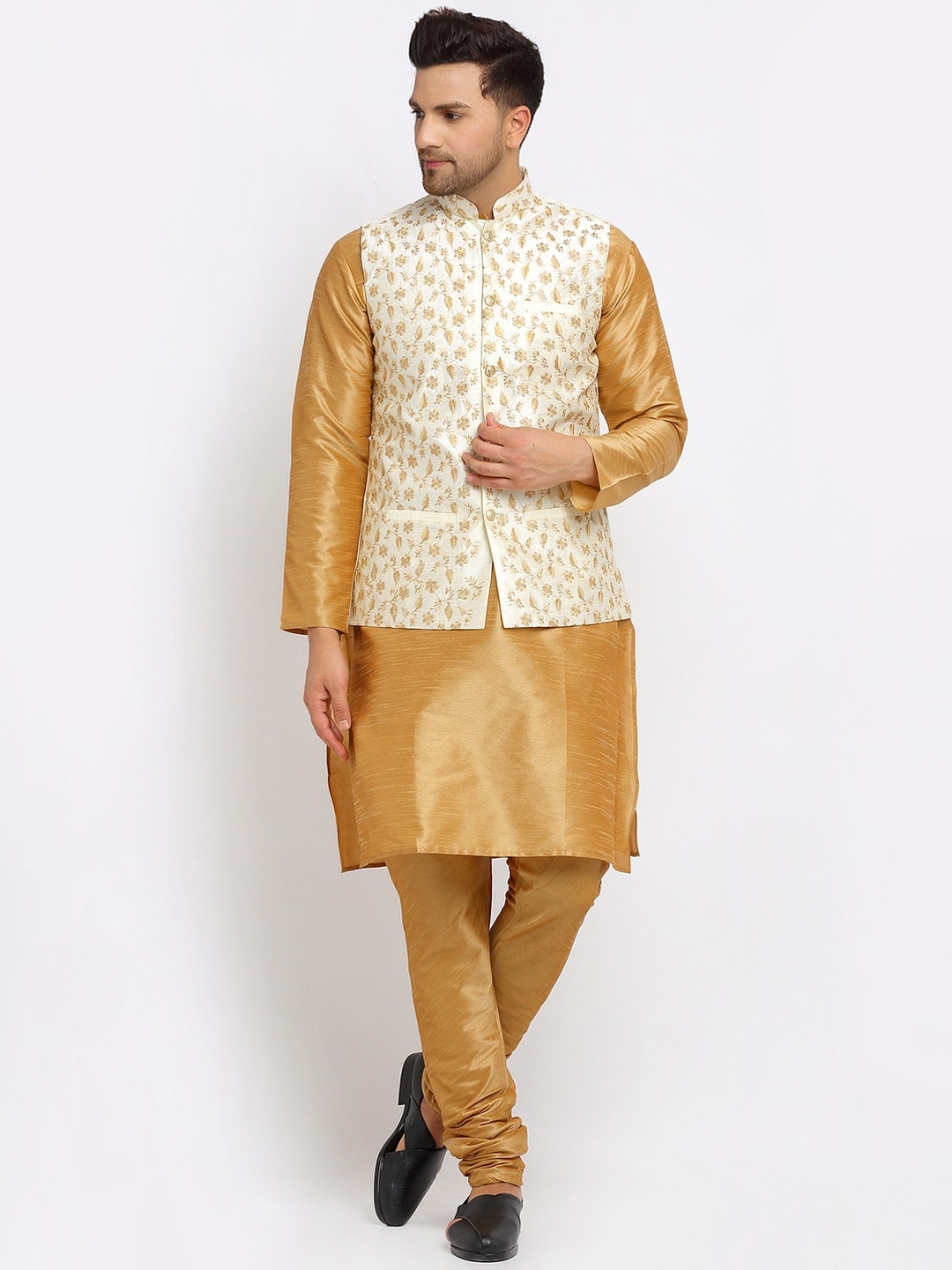 

KRAFT INDIA Men Kurta and Churidar with Embroidered Nehru Jacket, Gold