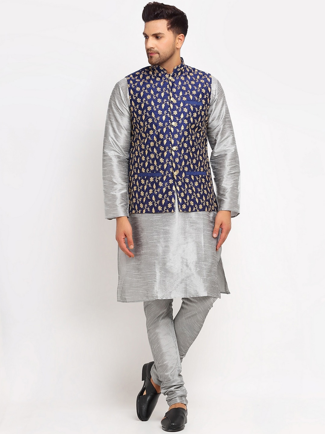 

KRAFT INDIA Dupion Silk Kurta with Churidar & Embroidered Nehru Jacket, Silver