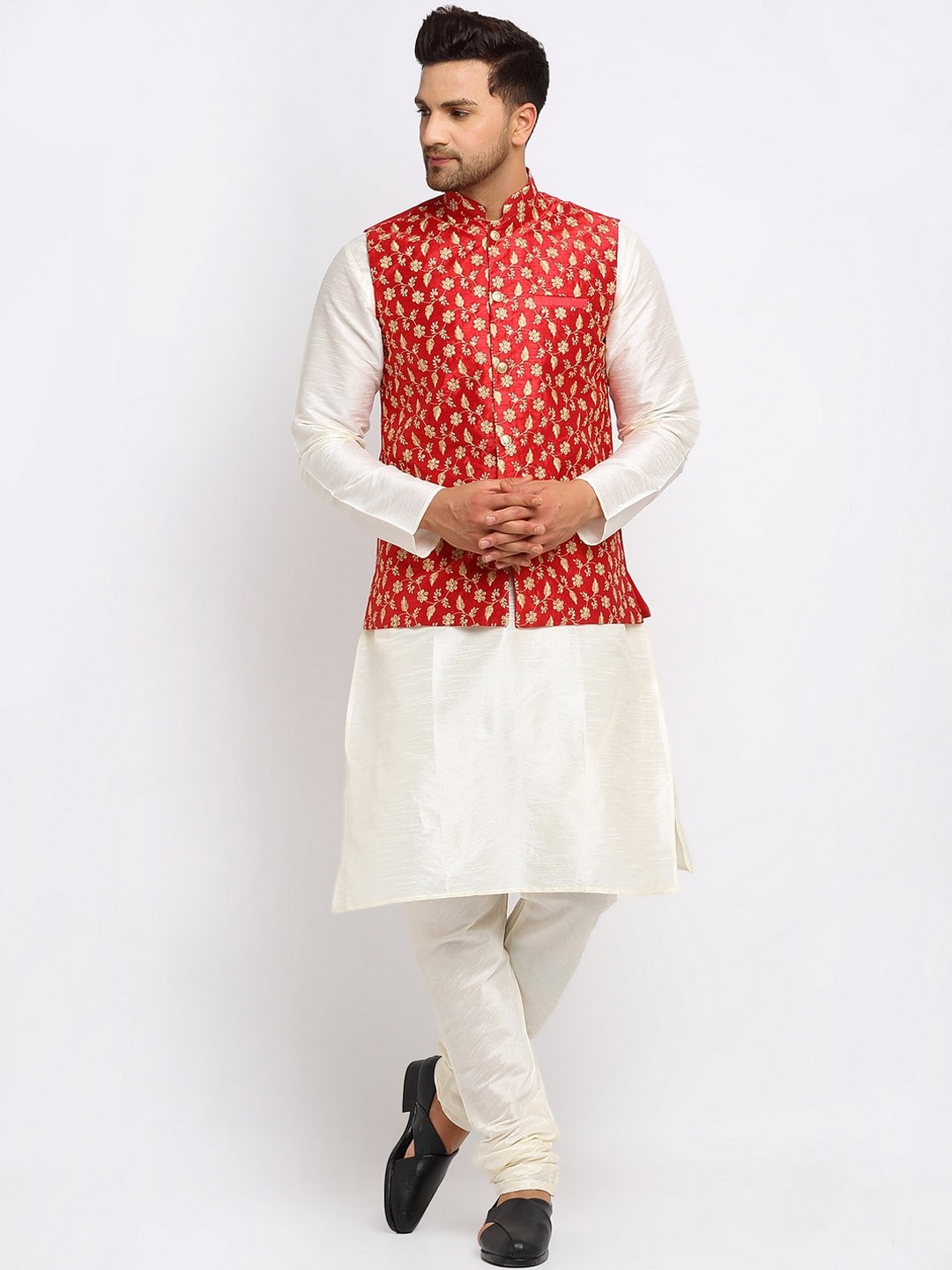 

KRAFT INDIA Men Kurta and Churidar with Embroidered Nehru Jacket, Cream