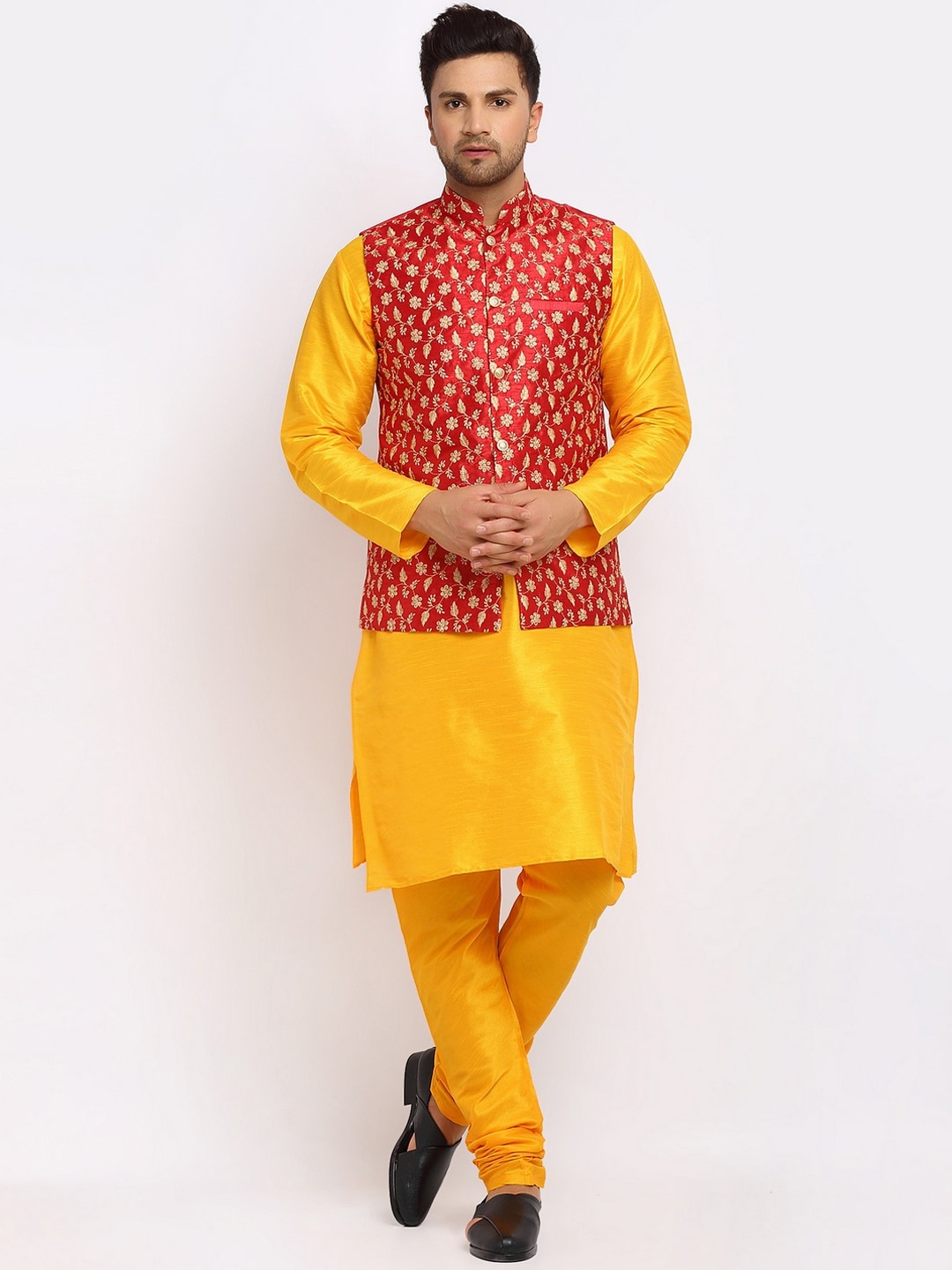 

KRAFT INDIA Men Kurta and Churidar with Embroidered Nehru jacket, Mustard