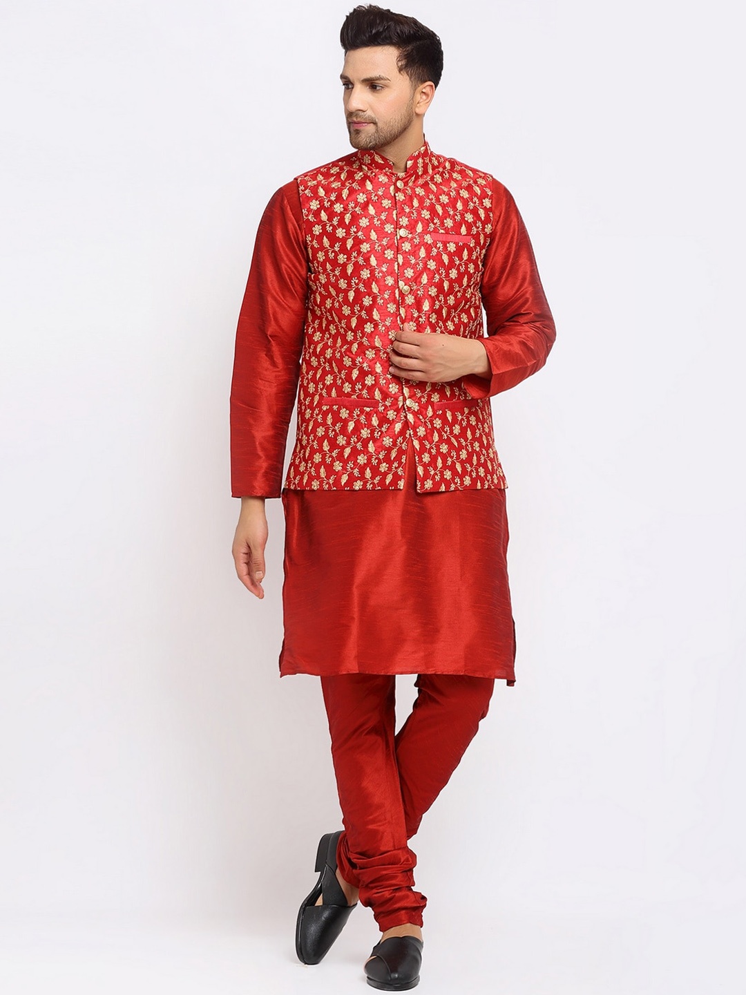 

KRAFT INDIA Dupion Silk Kurta With Churidar & Nehru Jacket, Maroon