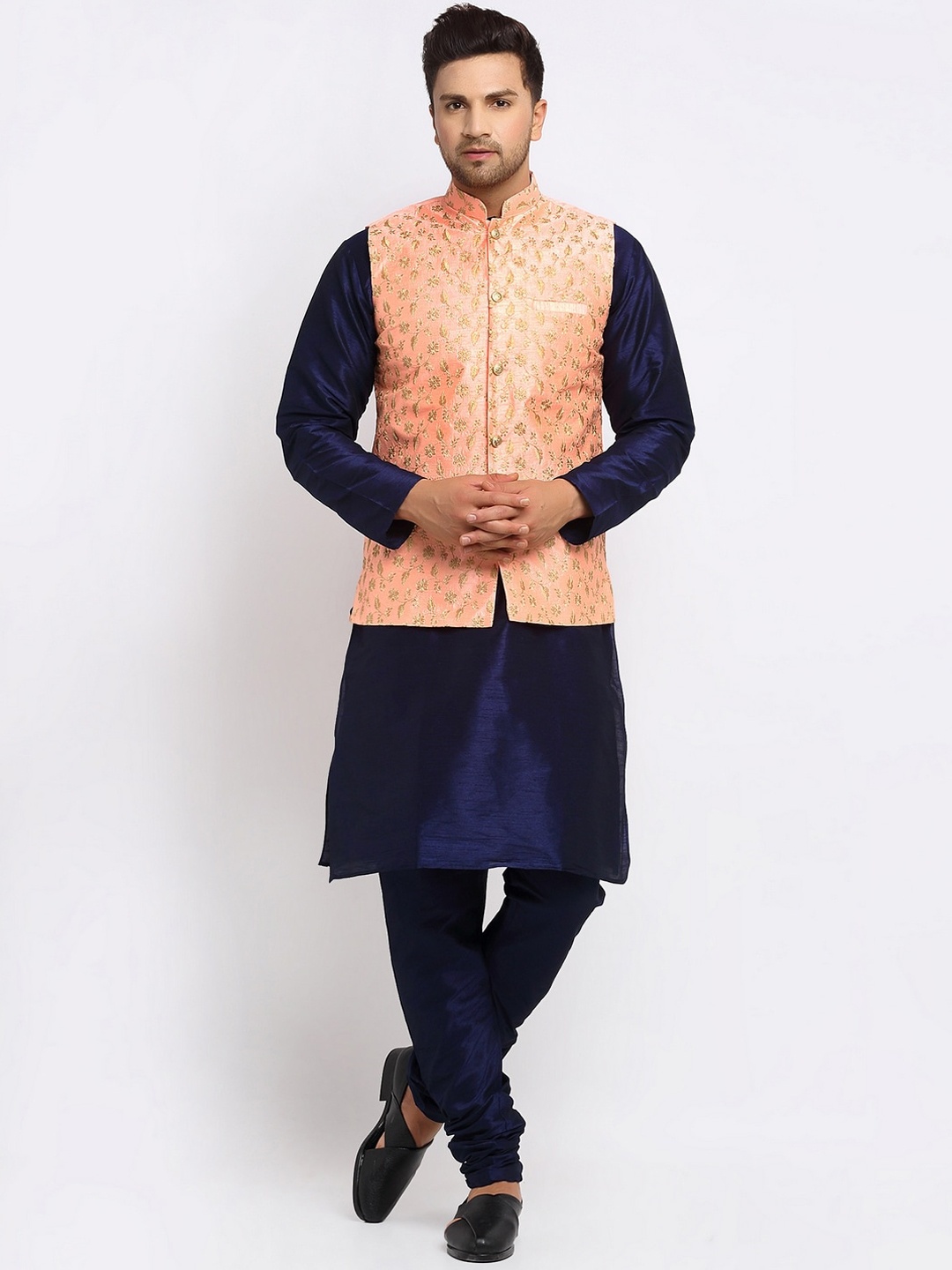 

KRAFT INDIA Men Kurta With Churidar & Embroidered Nehru jacket, Navy blue