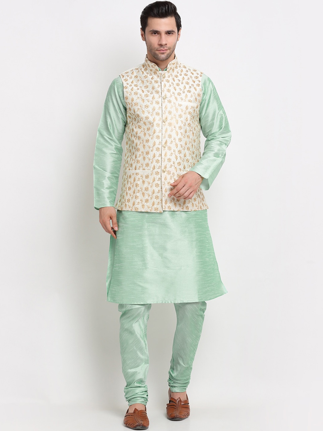 

KRAFT INDIA Men Regular Dupion Silk Kurta with Churidar & Embroidered Nehru Jacket, Sea green