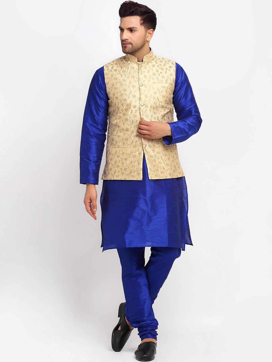

KRAFT INDIA Dupion Silk Kurta With Churidar & Nehru Jacket, Navy blue
