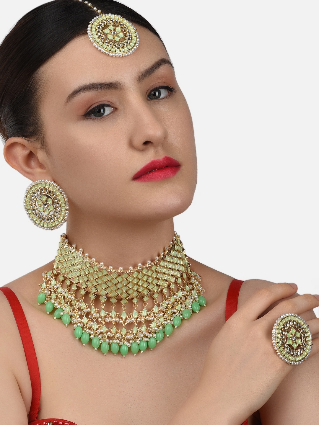 

Zaveri Pearls Green & White Gold Plated Bridal Kundan Studded Jewellery Set