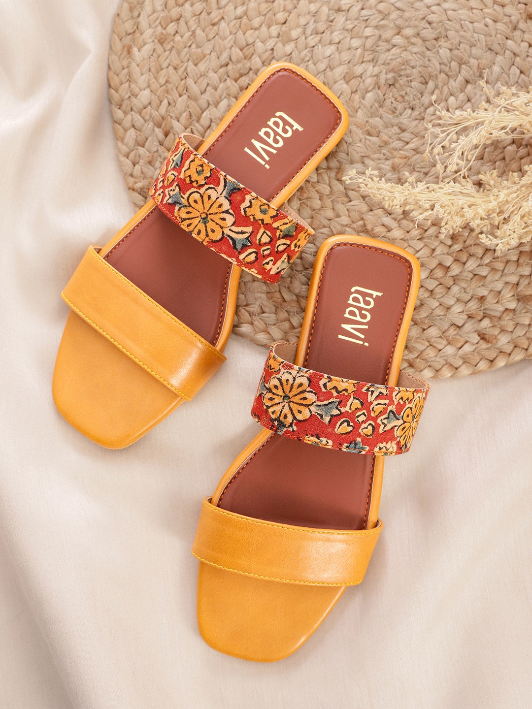 

Taavi Women Mustard Yellow & Rust Red Ethnic Motifs Print Handcrafted Open Toe Flats