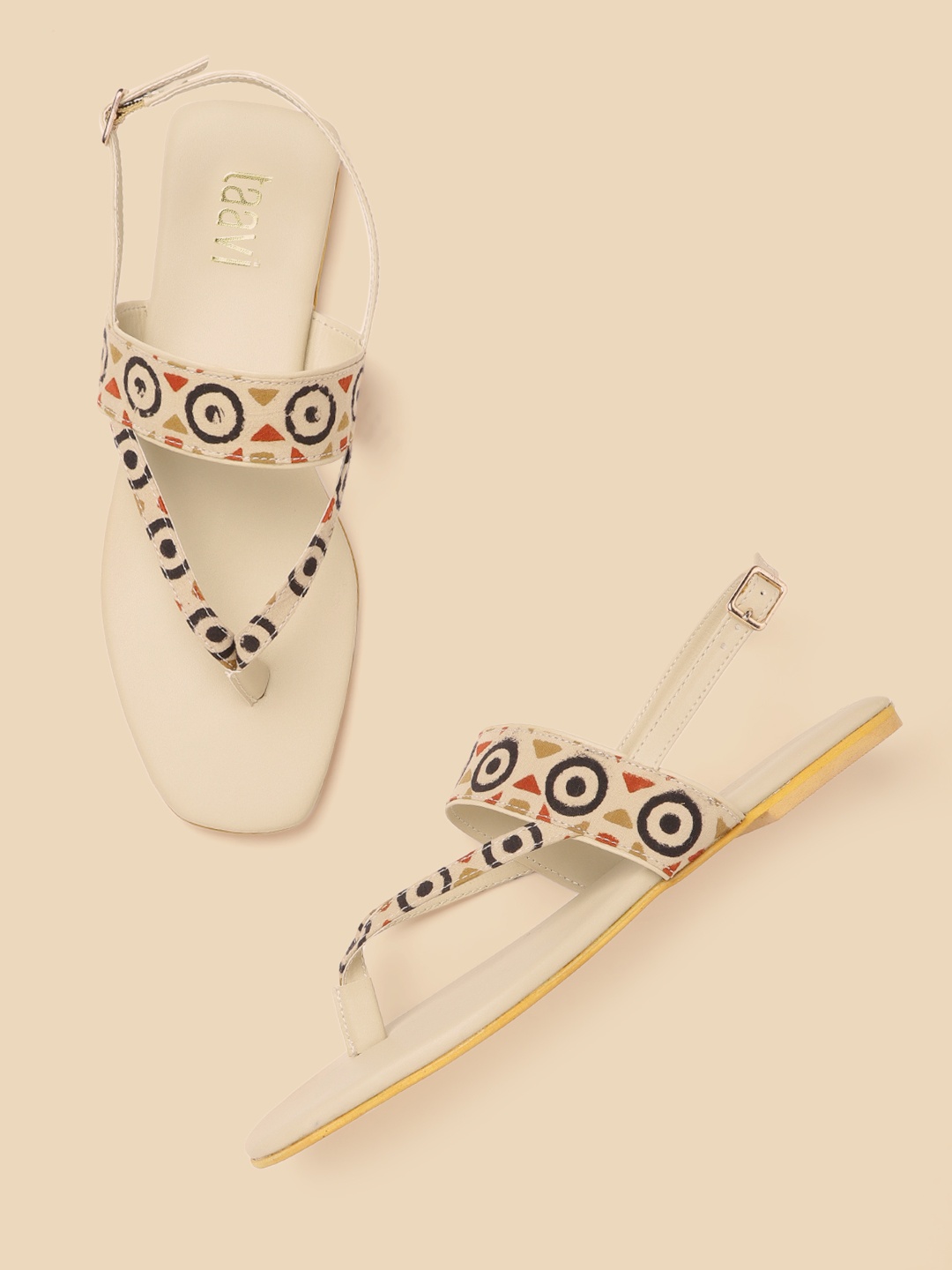 

Taavi Women Cream-Coloured & Red Geometric Print Handcrafted Open Toe Flats