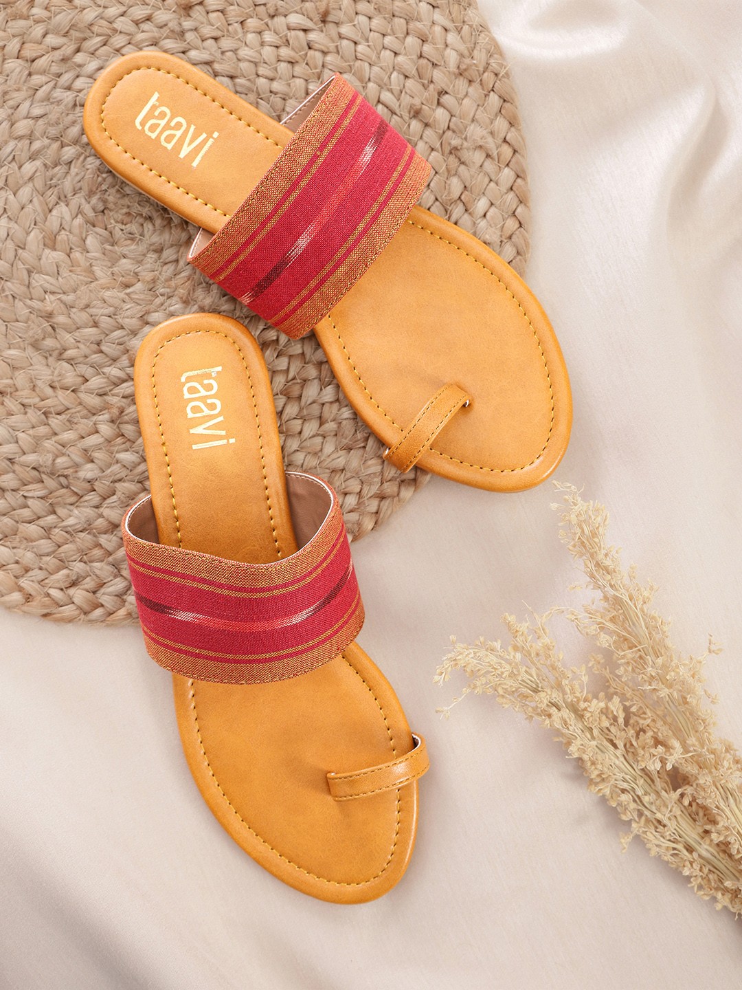 

Taavi Women Pink & Mustard Yellow Striped Handcrafted One Toe Flats