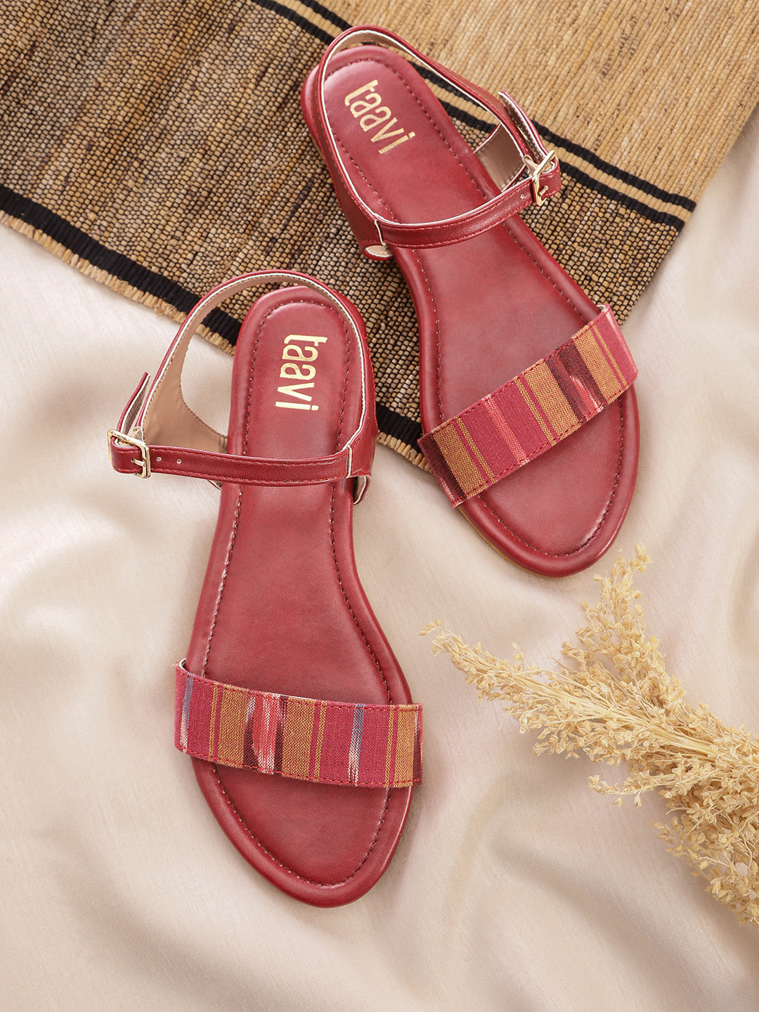 

Taavi Women Red & Mustard Yellow Woven Design Handcrafted Open Toe Flats