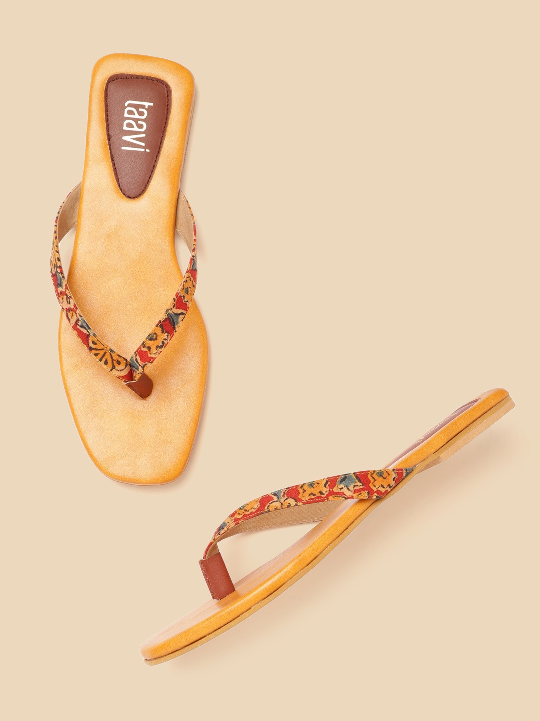 

Taavi Women Mustard Yellow & Maroon Printed Handcrafted Open-Toe Flats