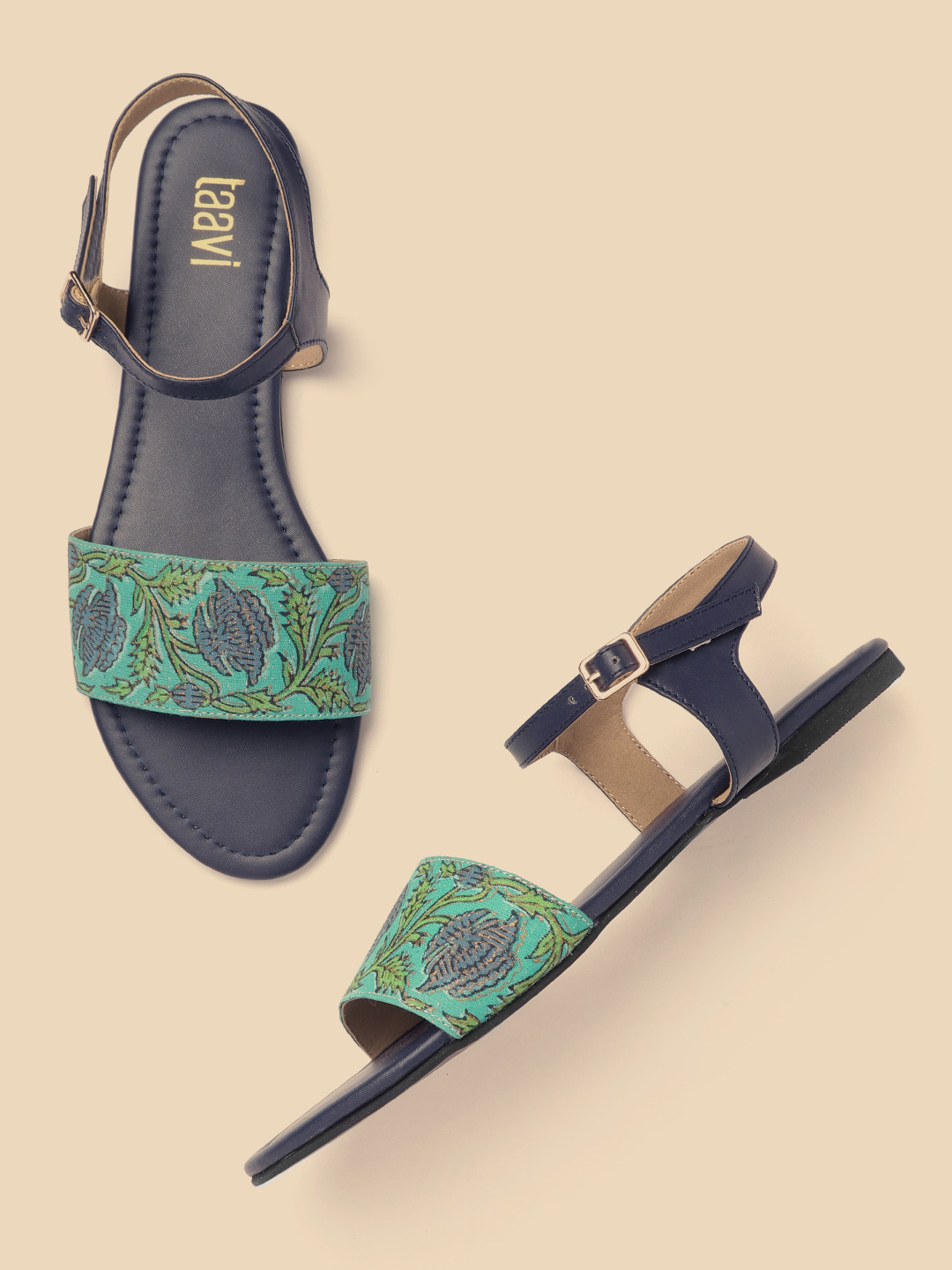 

Taavi Women Green Floral Print Handcrafted Open Toe Flats