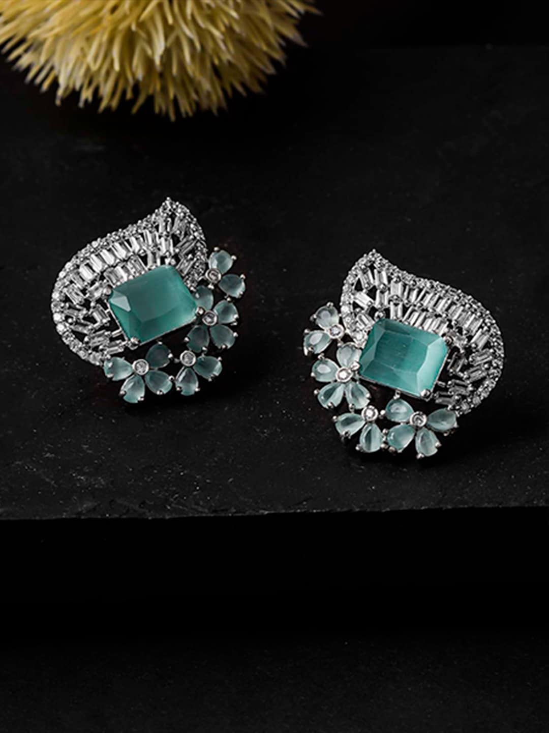

Queen Be Silver-Toned & Sea Green Contemporary Studs Earrings