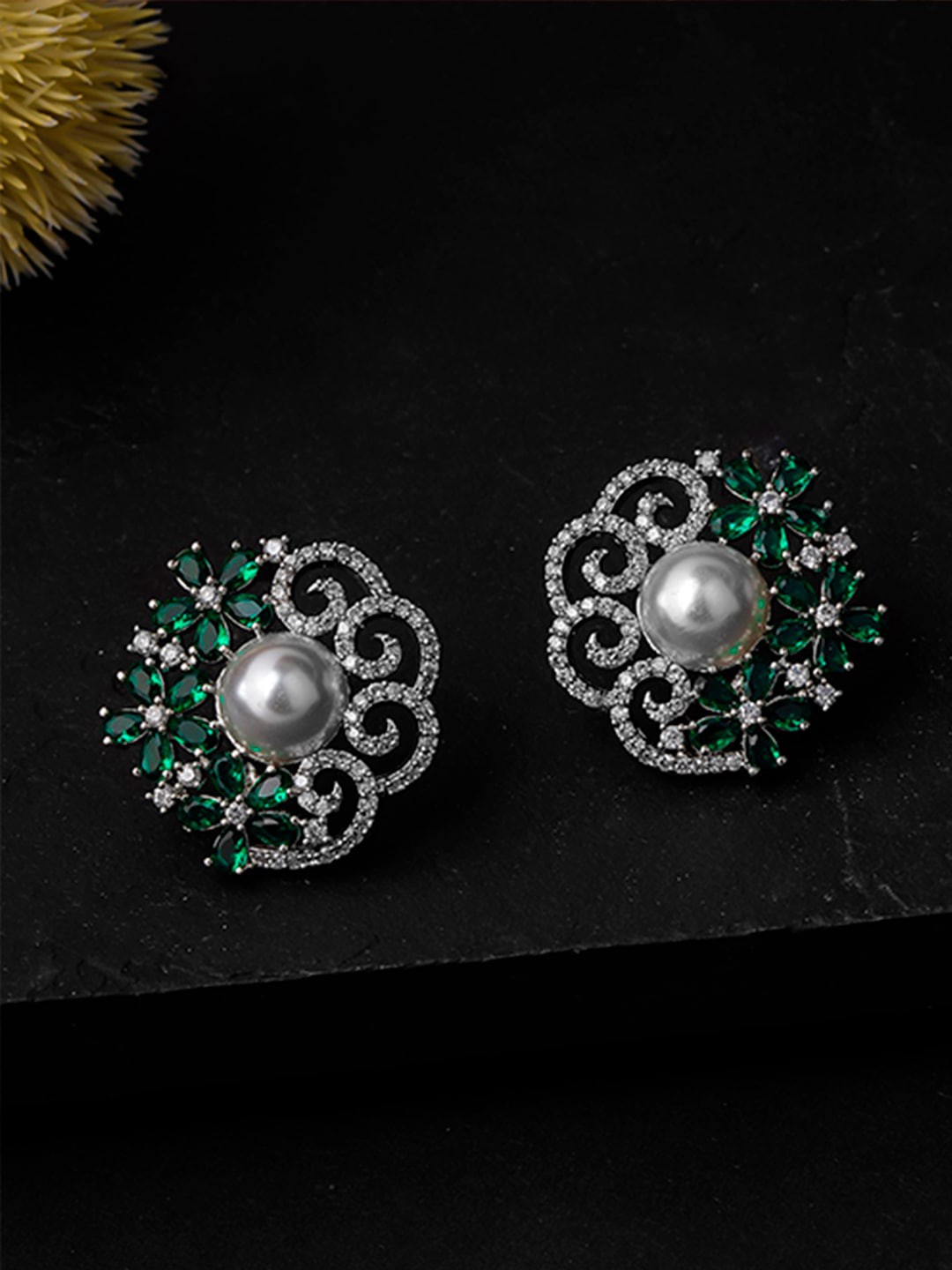 

Queen Be Silver-Toned & Green Floral Studs Earrings