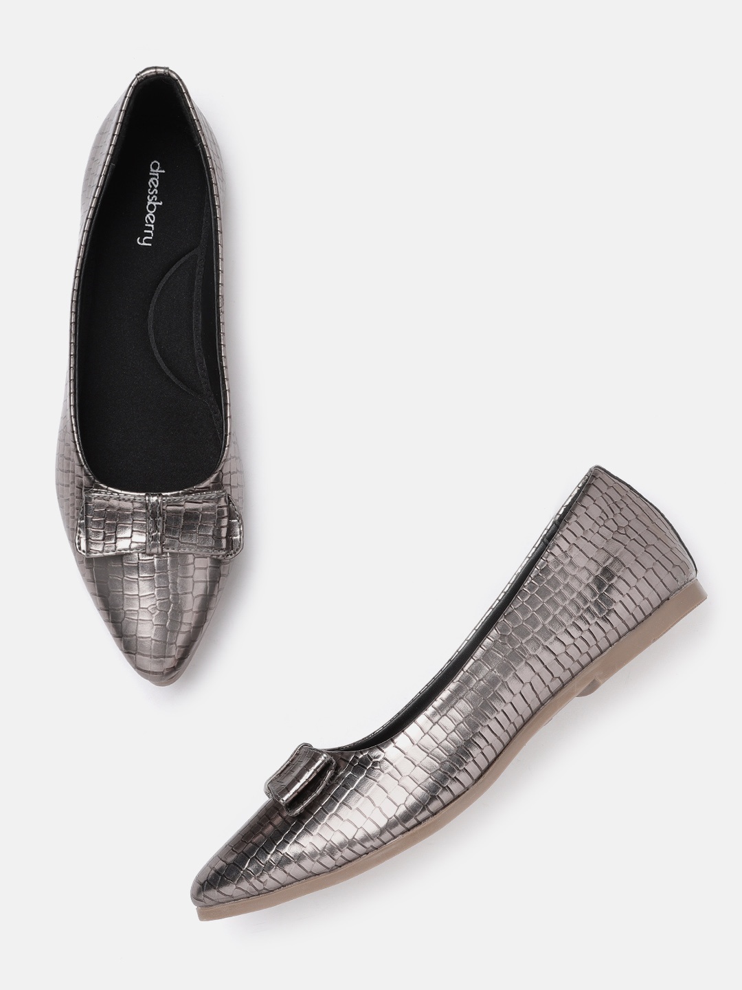 

DressBerry Women Gunmetal-Toned Croc Textured Ballerinas with Bow Detail, Metallic