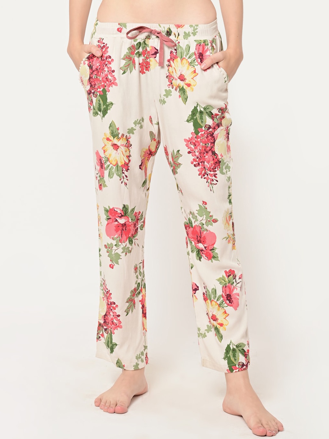 

MAYSIXTY Women Off-White & Pink Floral Printed Lounge Pants