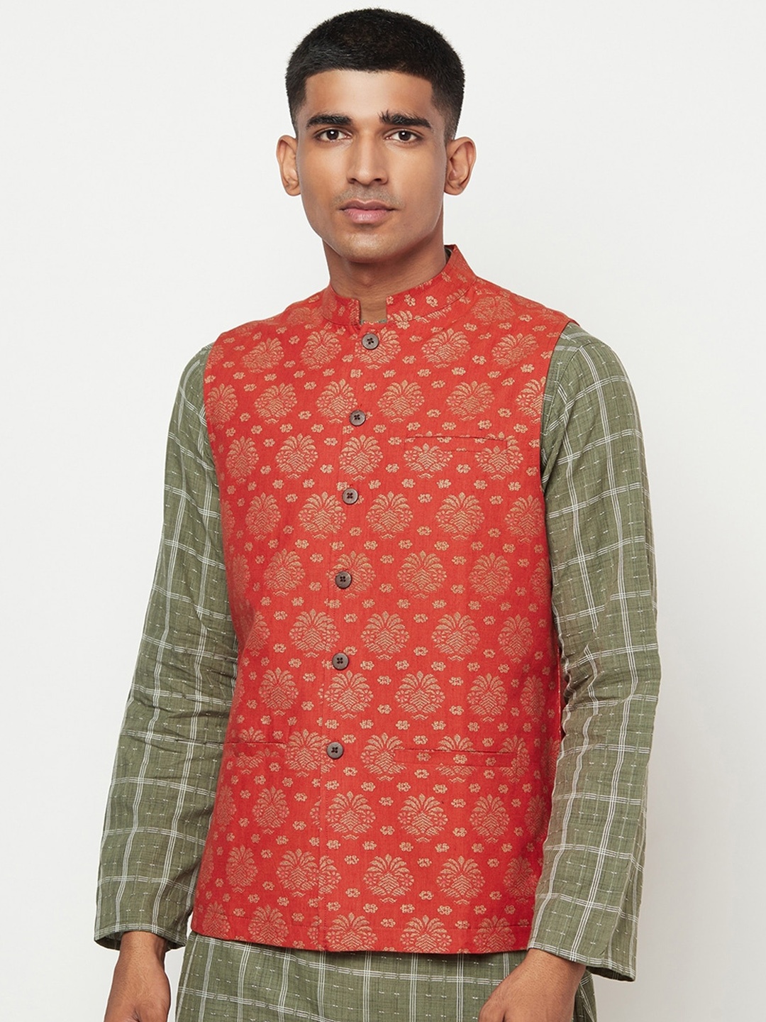 

Fabindia Men Red & Gold-Coloured Printed Pure Cotton Nehru Jacket