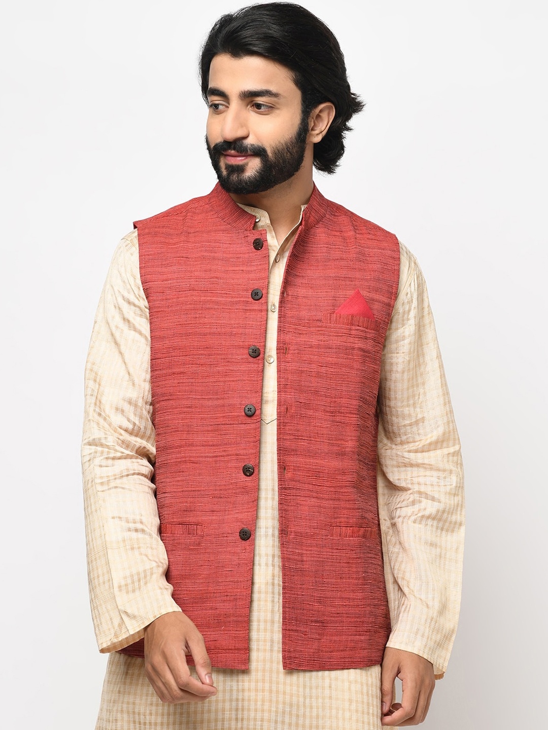 

Fabindia Men Red Woven Design Nehru Jacket