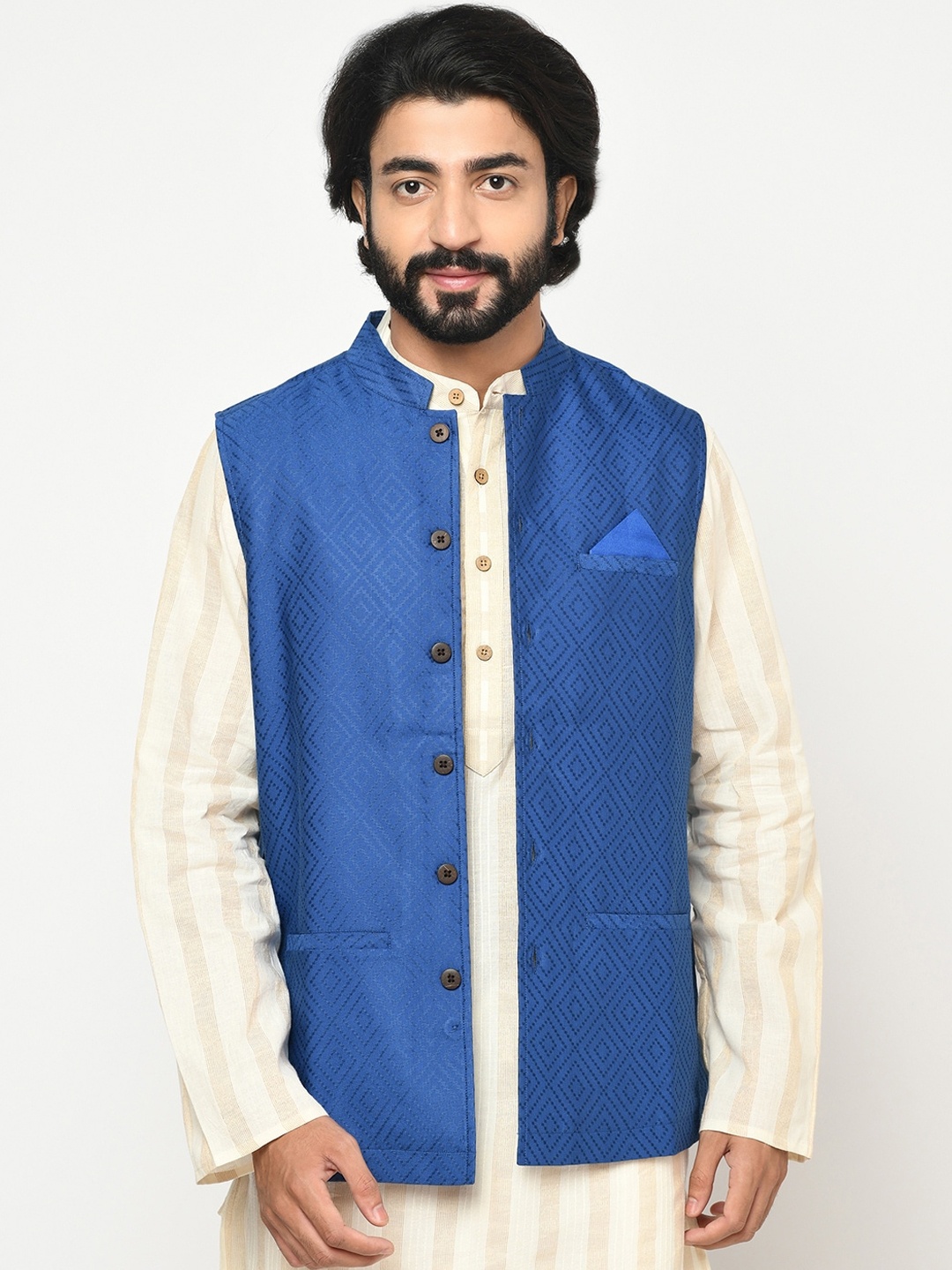 

Fabindia Men Blue Printed Woven Nehru Jacket