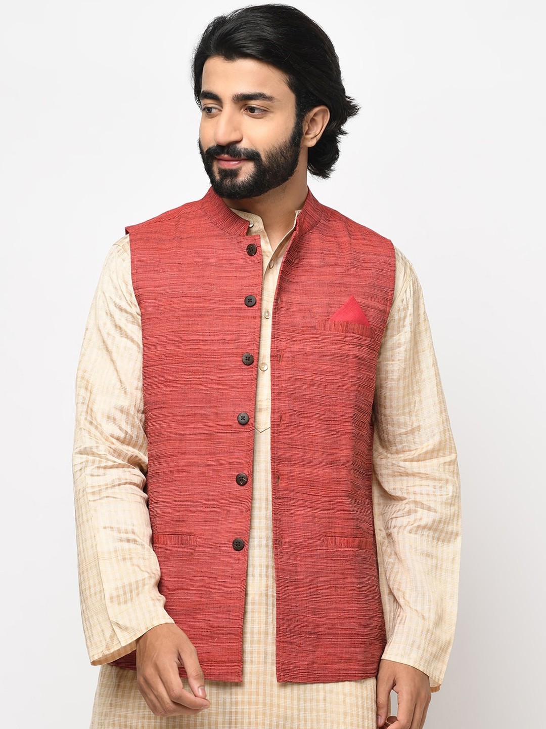 

Fabindia Men Red Woven-Design Nehru Jacket