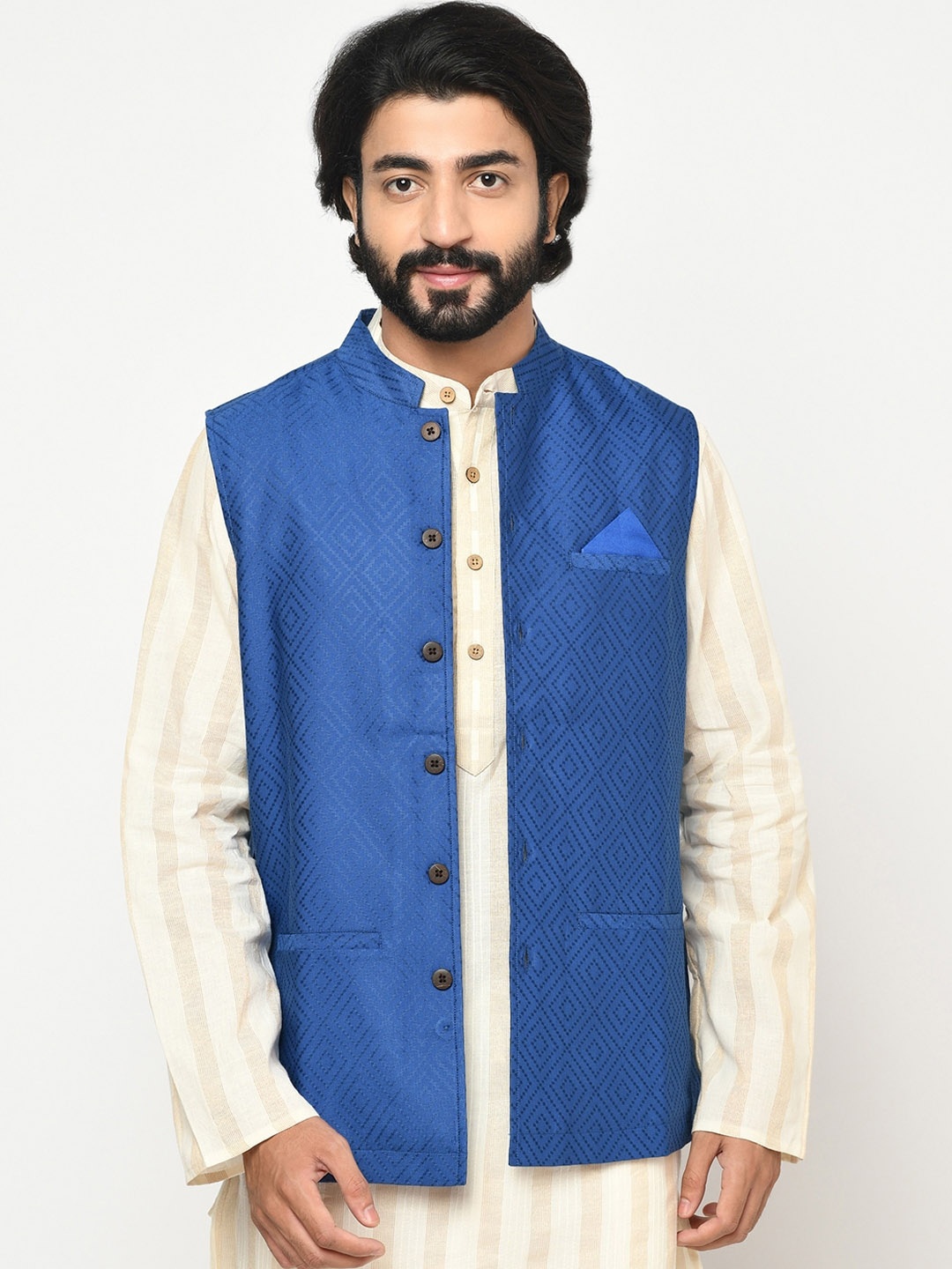 

Fabindia Men Blue Dobby Woven Design Nehru Jacket