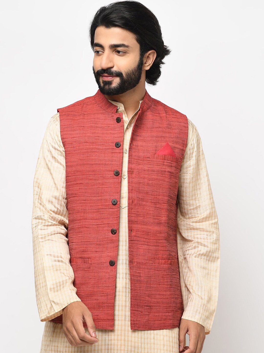 

Fabindia Men Red Woven-Design Nehru Jacket