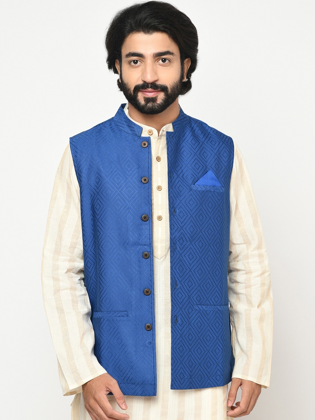 

Fabindia Men Blue Woven Design Nehru Jacket