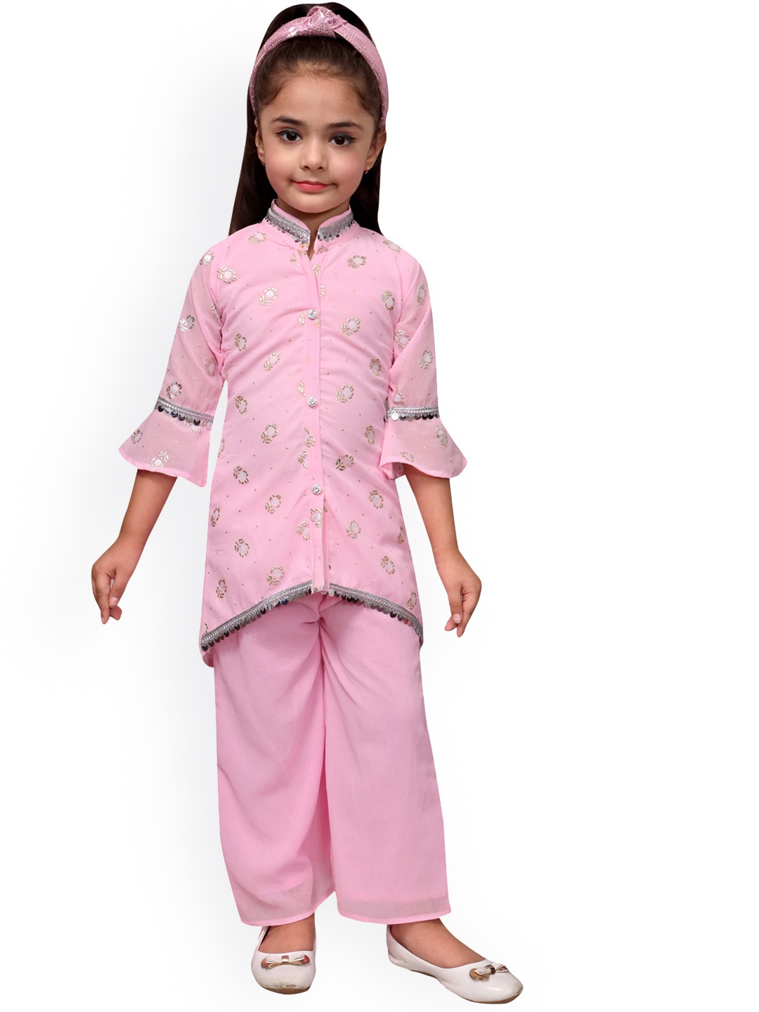 

SKY HEIGHTS Girls Pink Floral Printed Regular Kurta with Trousers